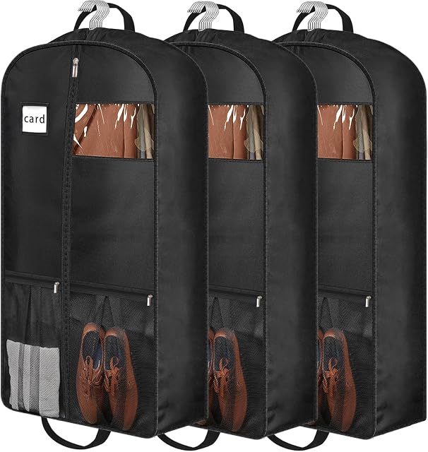43" Sacs pour vêtements lourds Sacs de costume Voyage, Porte-vêtement pour le rangement des vêtements suspendus, 6" Gussètes avec poches et 2 Poignées de transport, housse pour manteau, robe, veste, chemises, paquet de 3