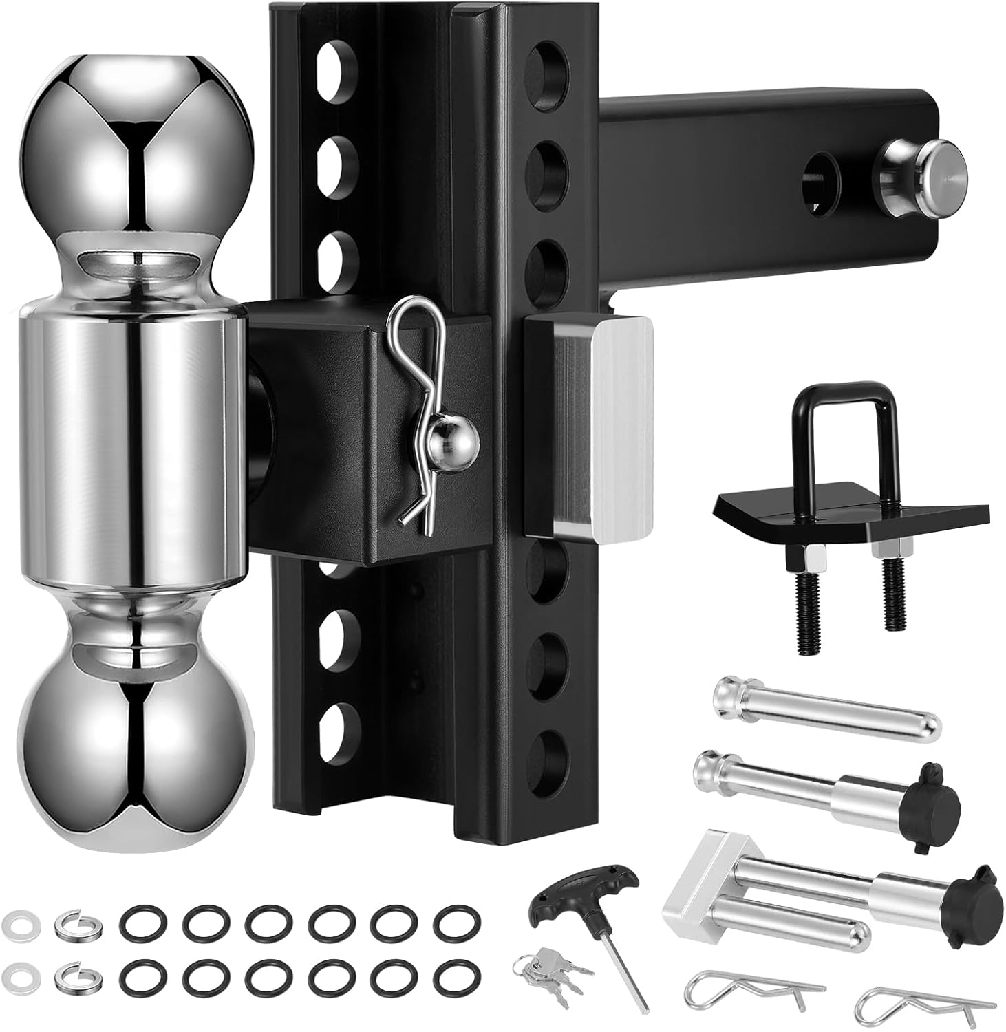 Adjustable Trailer Hitch, Fits 2" Receiver, 6" Drop/Rise, 2" & 2-5/16" Ball Hitch for Trucks, 12,500 LBS GTW, Tow Hitch, Drop Hitch, Trailer Hitch with Anti-Theft Pin(Black)