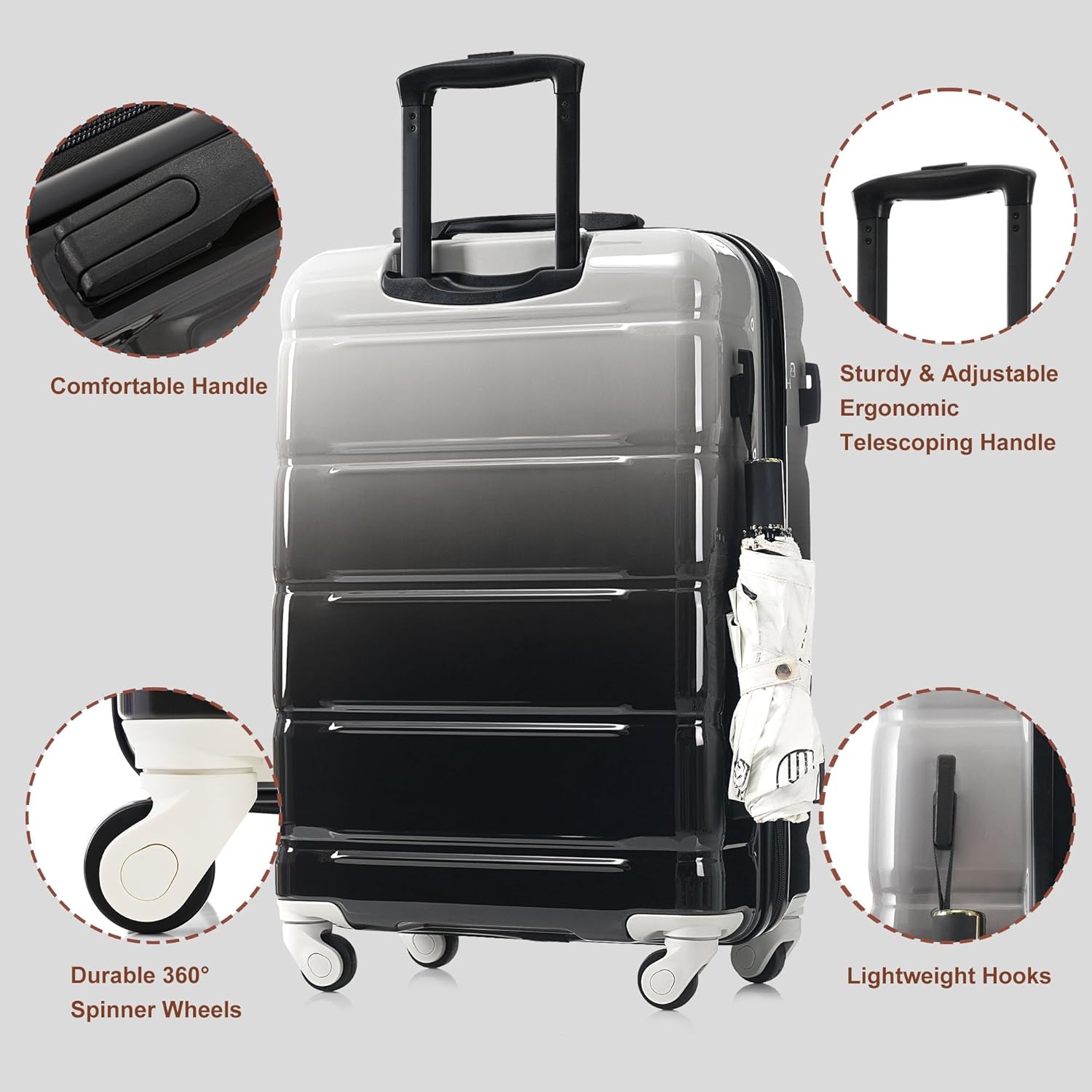 Merax Hard Shell Luggage Set 3 Piece Spinner Suitcase with Usb Airline Approved Carry On 20 Inch ABS+PC Suitcase Side Hook Luggage Lightweight Checked Baggage set,Black and Grey, 20"+ 24"+ 28"