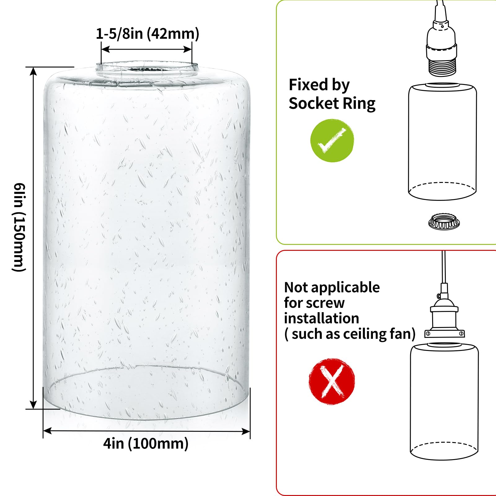 Pantalla de cristal sin labios, cubierta de luz cilíndrica con apertura de ajuste, repuesto para candelabro, colgante, luz de tocador de baño, 3 piezas 4