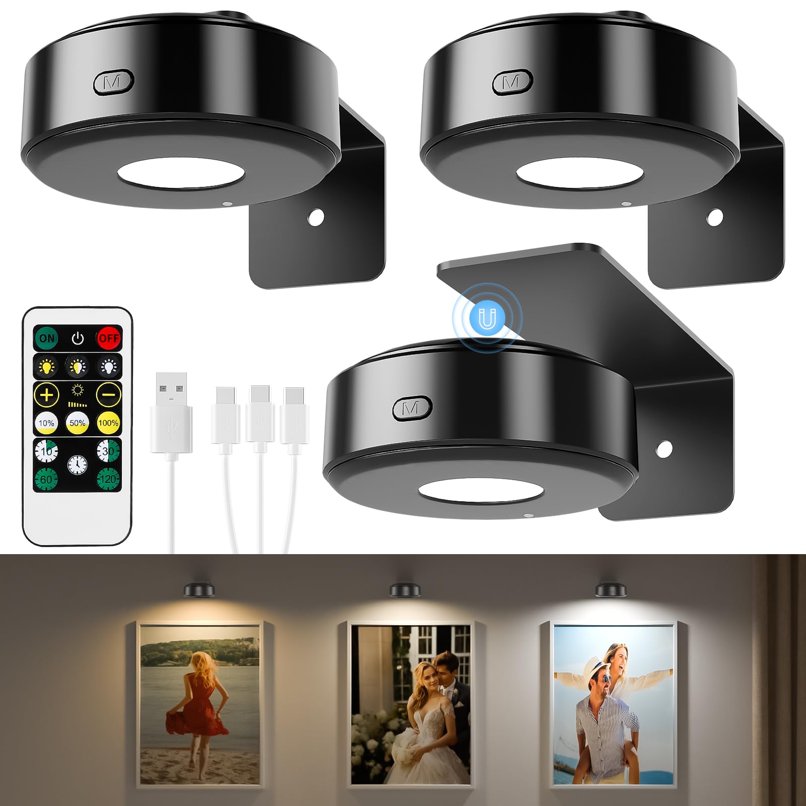 3PCS Picture Lights with Remote, Wireless Rechargeable Battery Wall Light for Paintings, 3 Colors Paintings Light Dimmable and Timer Metal Art Light for Display, Wall, Artwork, Gallery (Black)