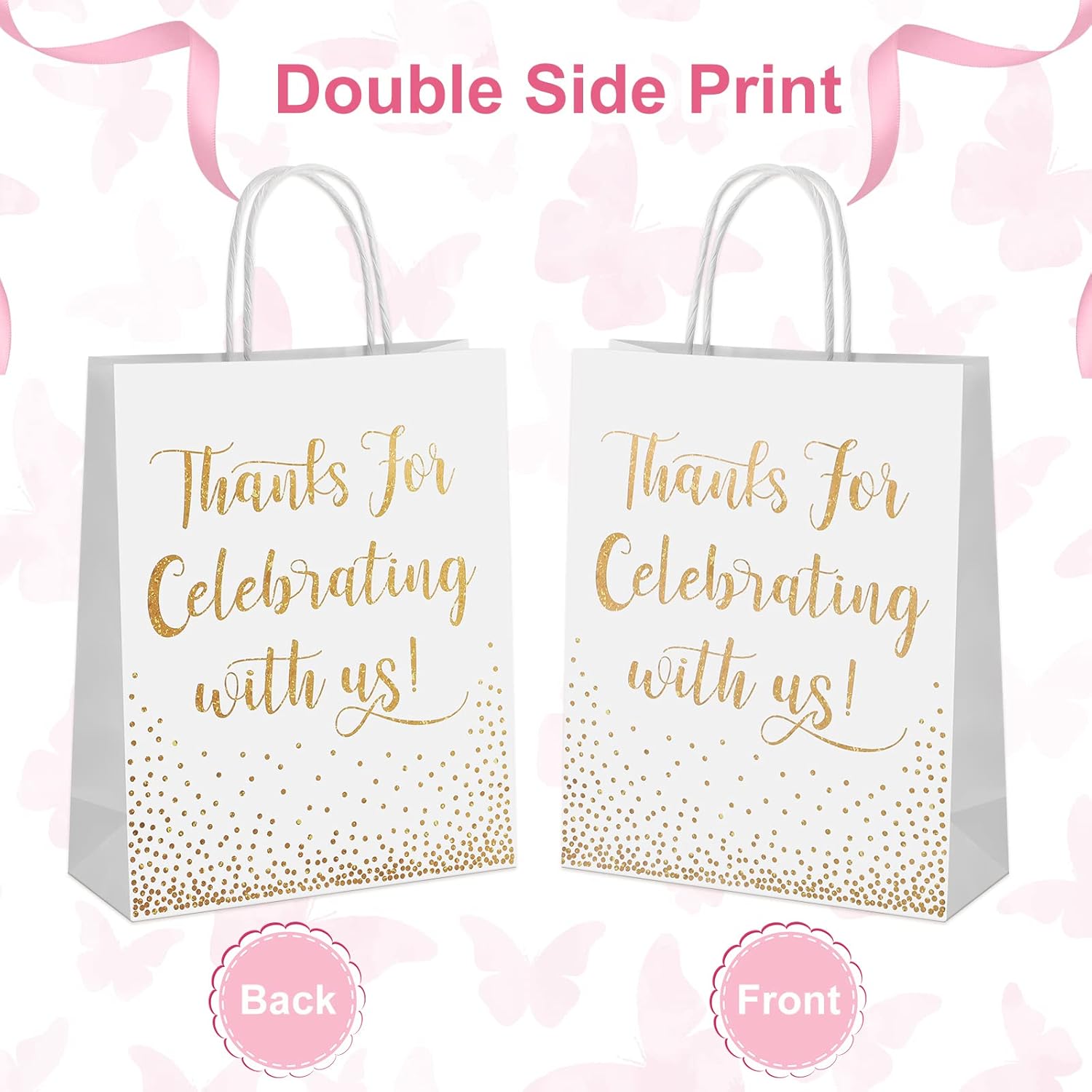 45 Pcs Wedding Welcome Bags for Hotel Guests Gold Foil Wedding Gift with Handles Thanks for Celebrating with Us Paper Bags Medium Size Bridal Gift Favor(White) - Image 4