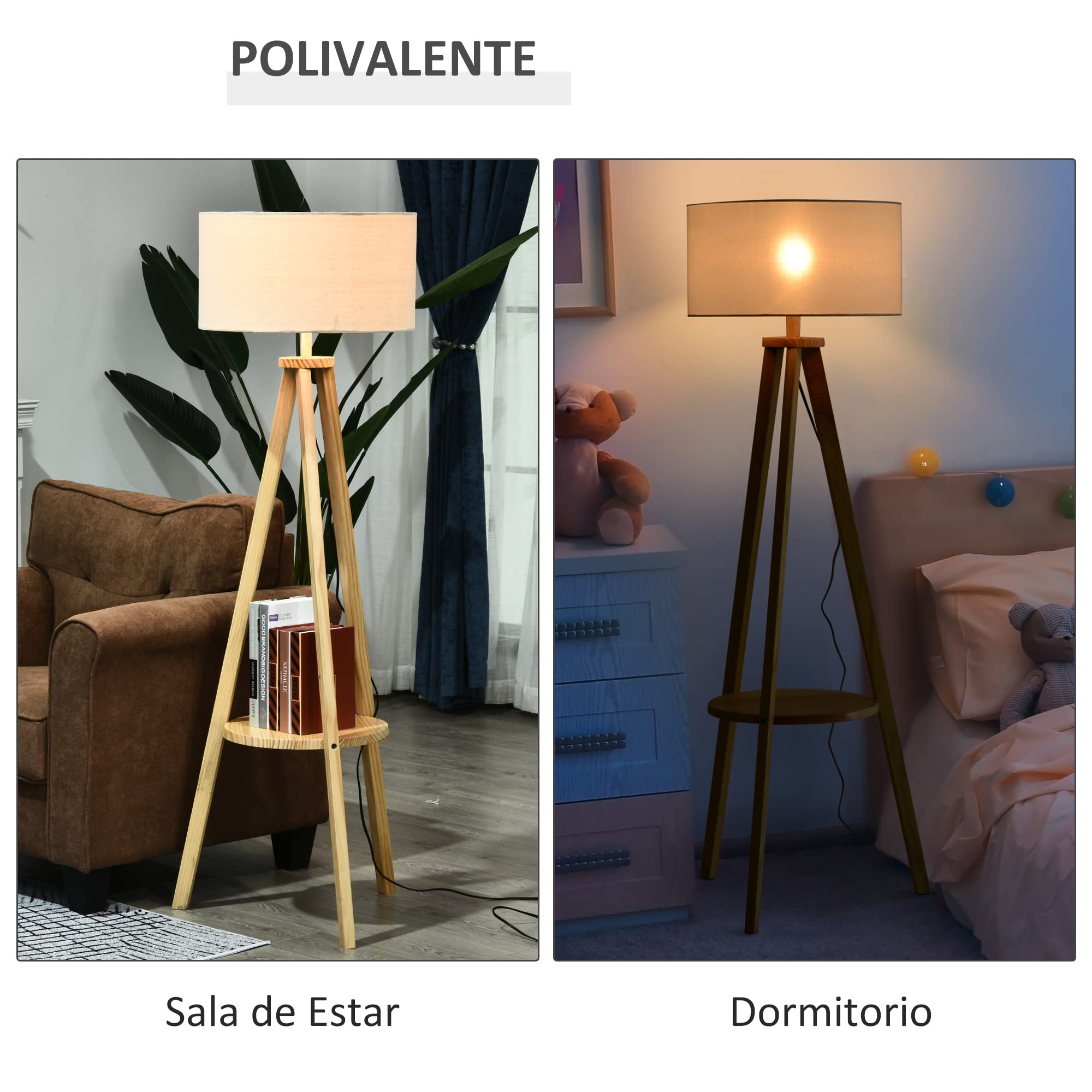 HOMCOM Lámpara de Pie Trípode con Estante Pantalla de Lino Beige y Natural | Lámpara de Salón, Interruptor de Pie, para Sala de Estar, Oficina, Dormitorio