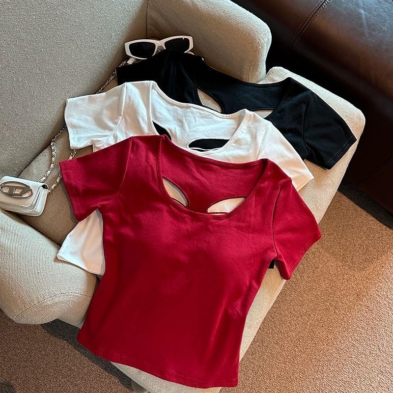 Image of ICW Women's Streetwear Round Neck Butterfly Cutout Back Short-Sleeve Padded Crop Top T-Shirt Dn249
