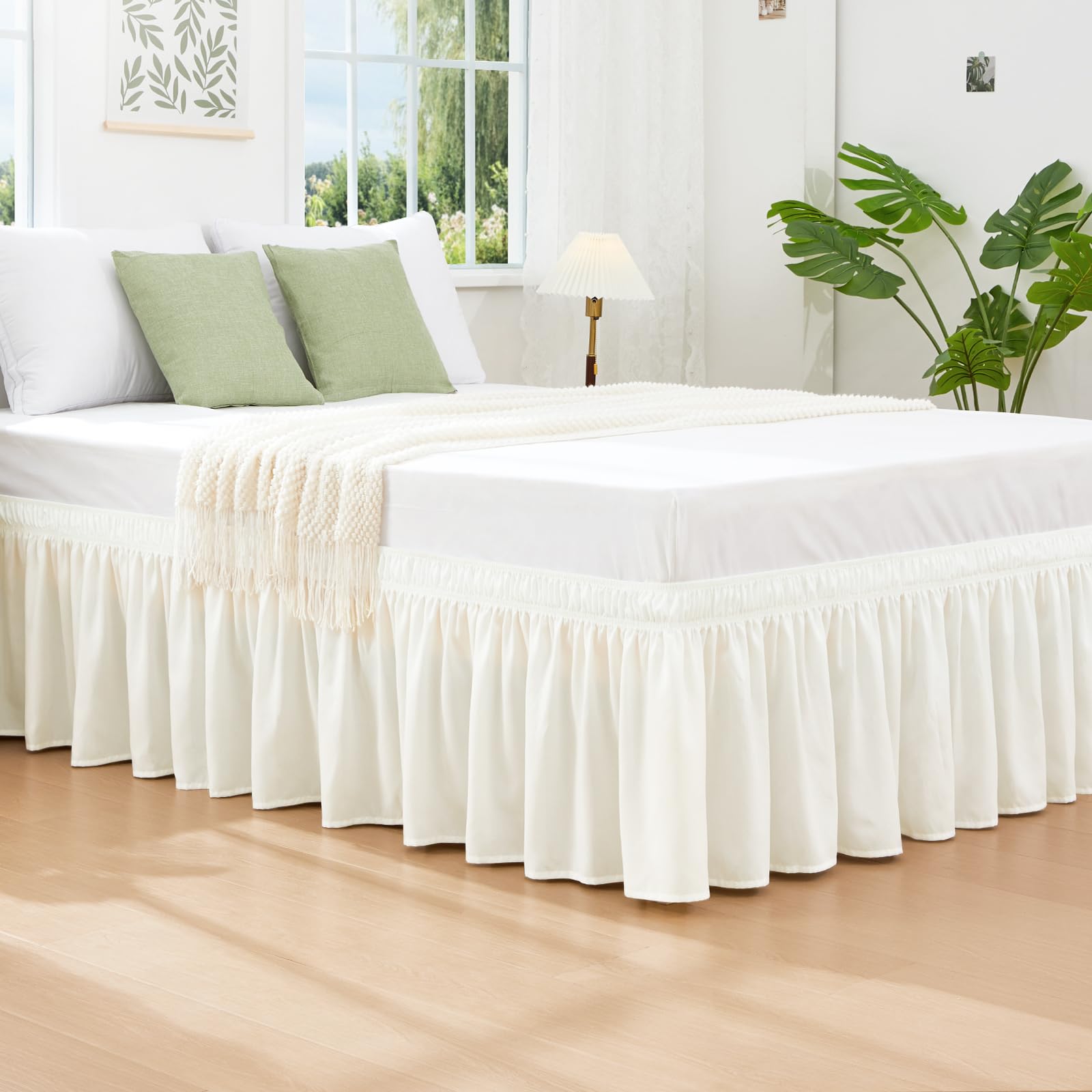 Vocander Valance Sheet Double Size Ivory, Bed Skirt Pleated Wrap Around 135 ×190 cm for Double Beds, Easy to Install Machine Washable