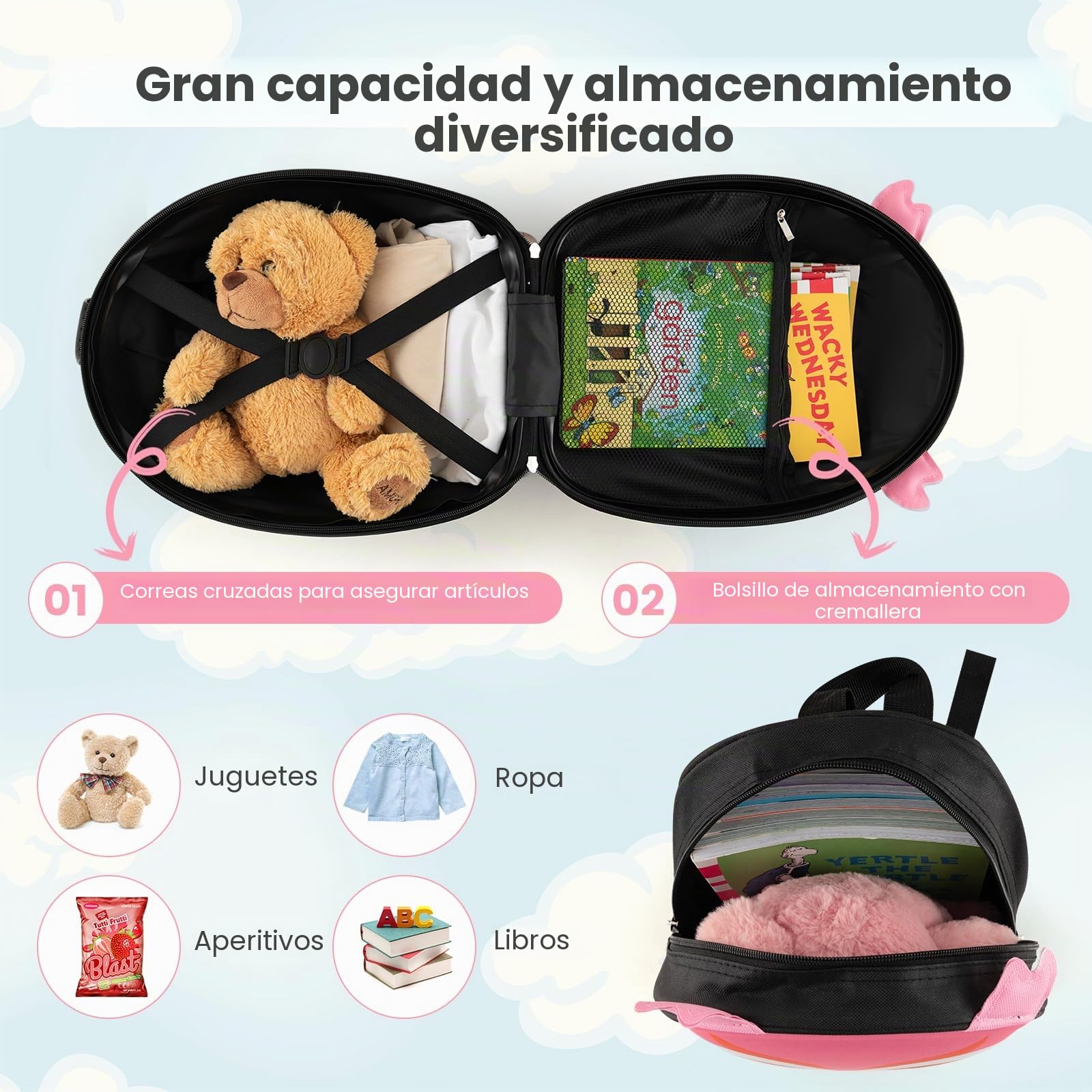 SOARS Juego de Maleta Infantil Niños, 16 '' Maleta + 12 '' Mochila, Maleta Cabina Ruedas y Asa Telescópica, Aprobado por Aerolíneas, Equipaje de Mano (Búho)