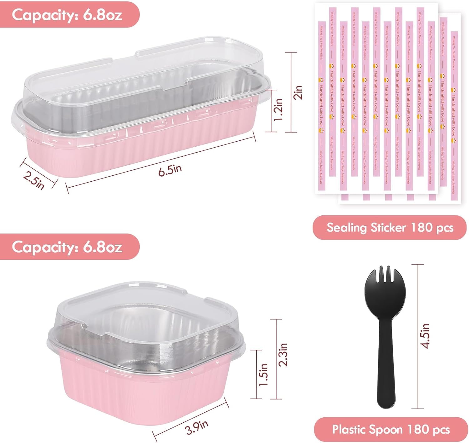 Mini Loaf Pans with Lids and Spoons Sealing Sticker, 150 Pcs 6.8oz Mini Cake Pans for Baking & 30 Pcs 10oz Disposable Mini Aluminum Foil Loaf Pan, Pink Mini Loaf Baking Pan, Small Cake Container