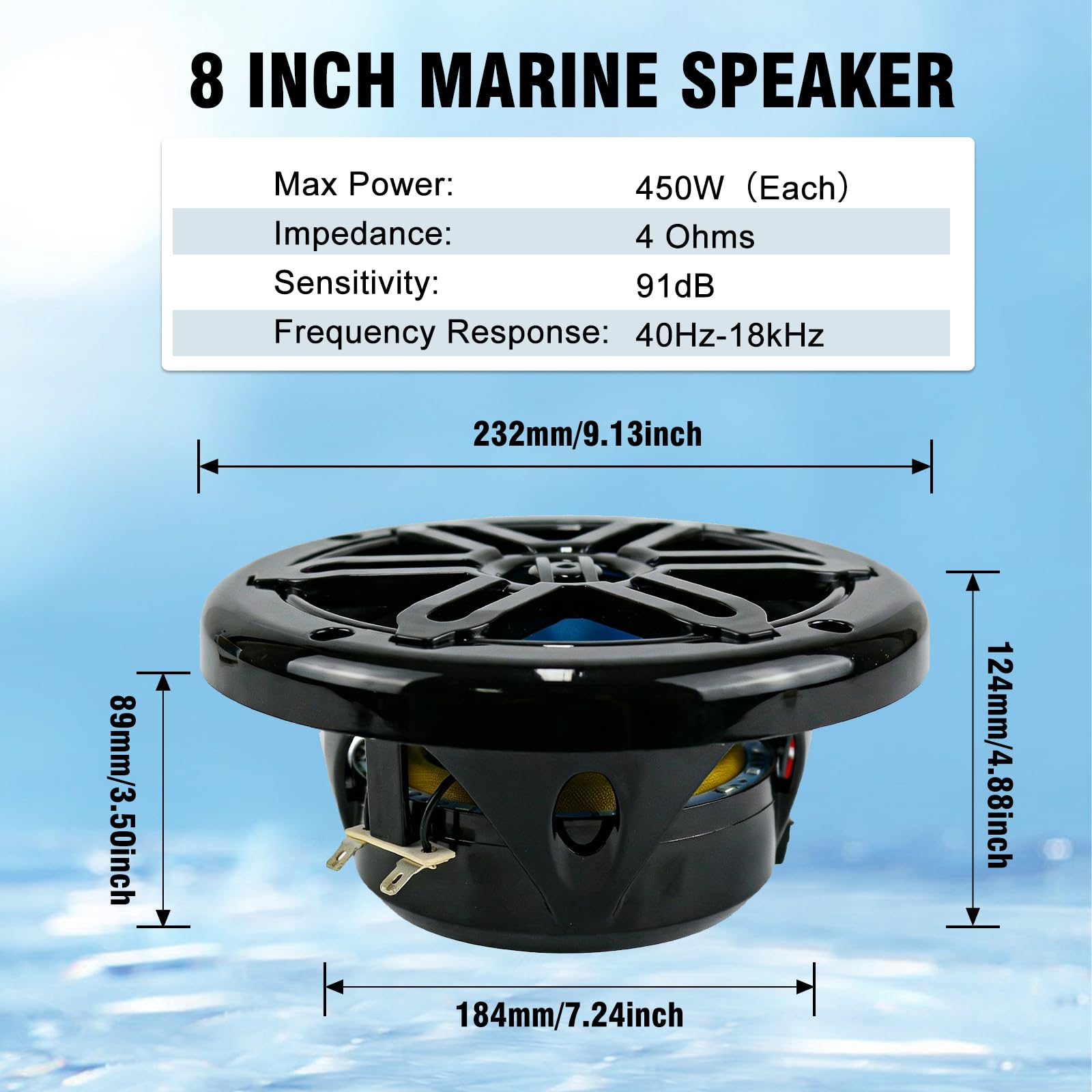 Herdio 8" 450W Marine Speakers - IP66 Waterproof Coaxial Audio, with Blue LED Light for Boats, ATVs, UTVs with UV Resistant Black Grille (A Pair)