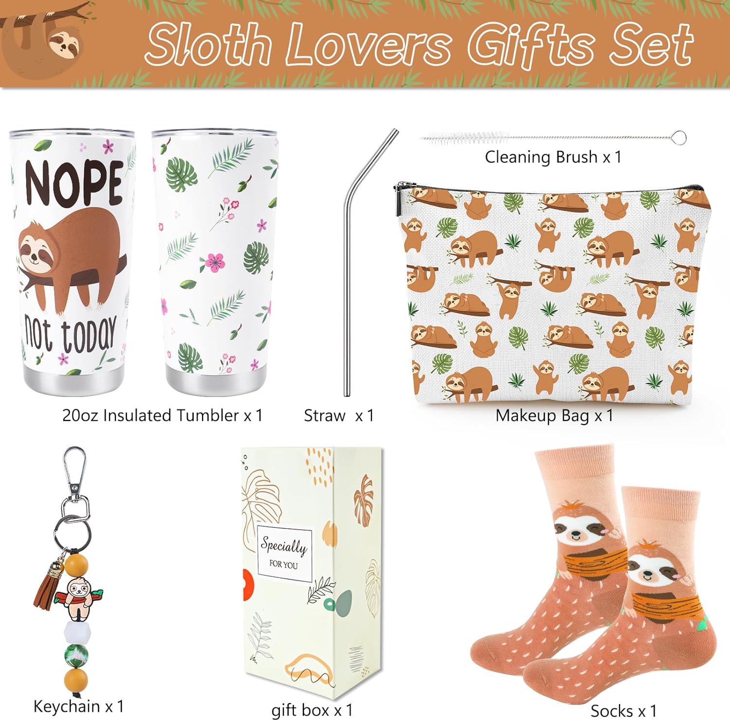 Keluna Sloth Gifts for Women Girls - 4Pcs Sloth Gifts Set 20oz Stainless Steel Tumbler with Lids Straw Cute Animal Makeup Bags Socks Keychain for SlothLovers Friends Birthday Christmas Presents - Image 3