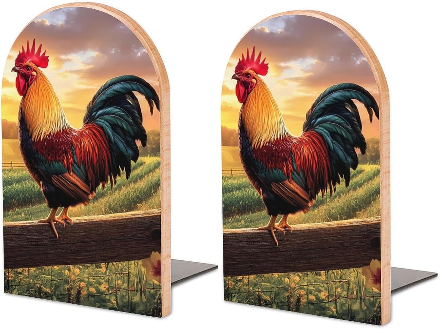 Sunrise Rooster Cute Wood Book Ends Decorative Bookends 1 Pair Non-Skid for Shelves Home Office 7 X 5 Inch
