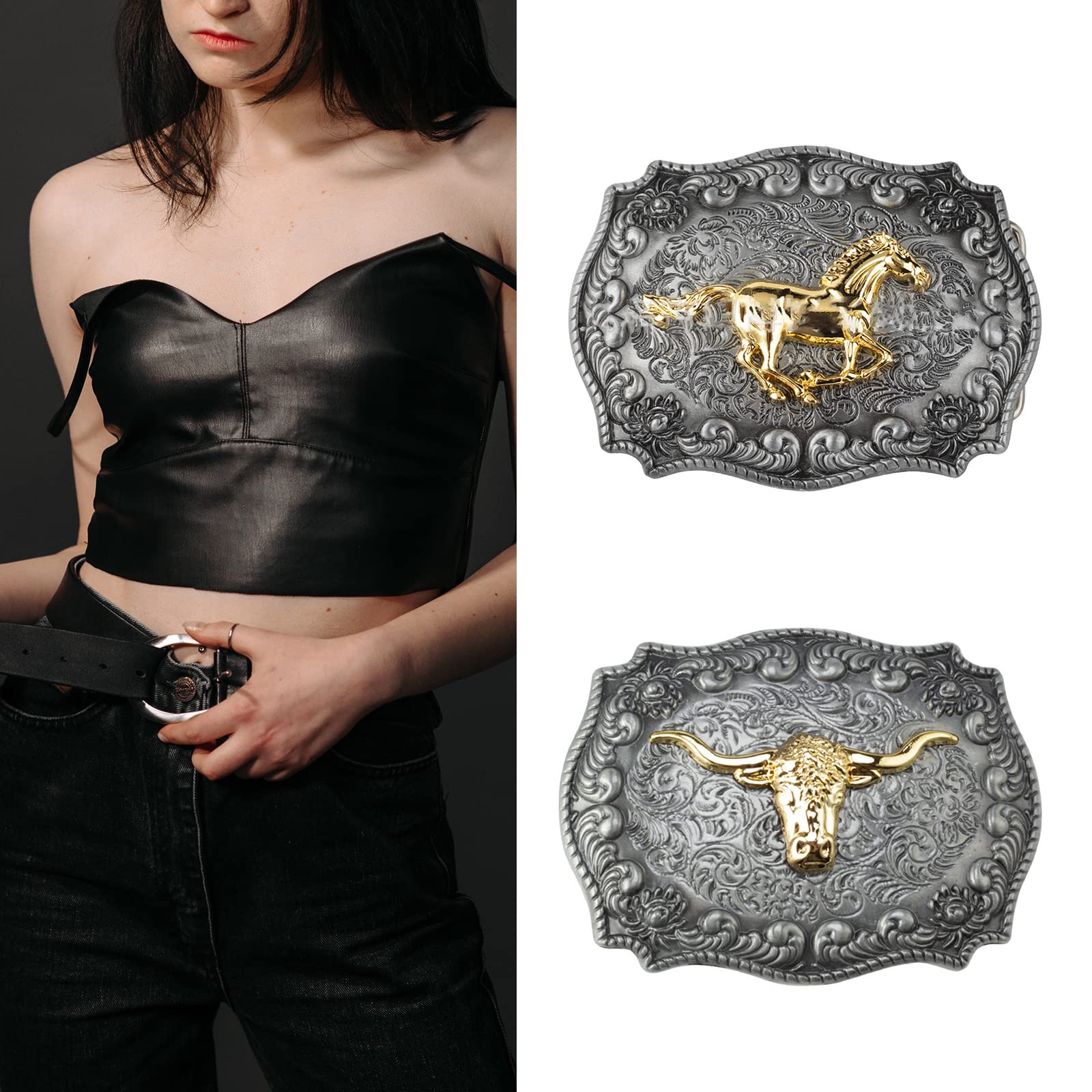 Longue boucle de ceinture en corne vintage western grand
