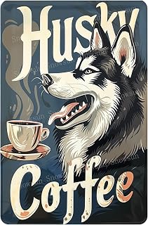 Snowsun Metal Tin Sign Funny Husky Coffee Rerto Sign Aluminum Vintage Sign Gift for Home Kitchen Garden Yard Wall Bedroom Club Front Door Decor 8x12 Inch