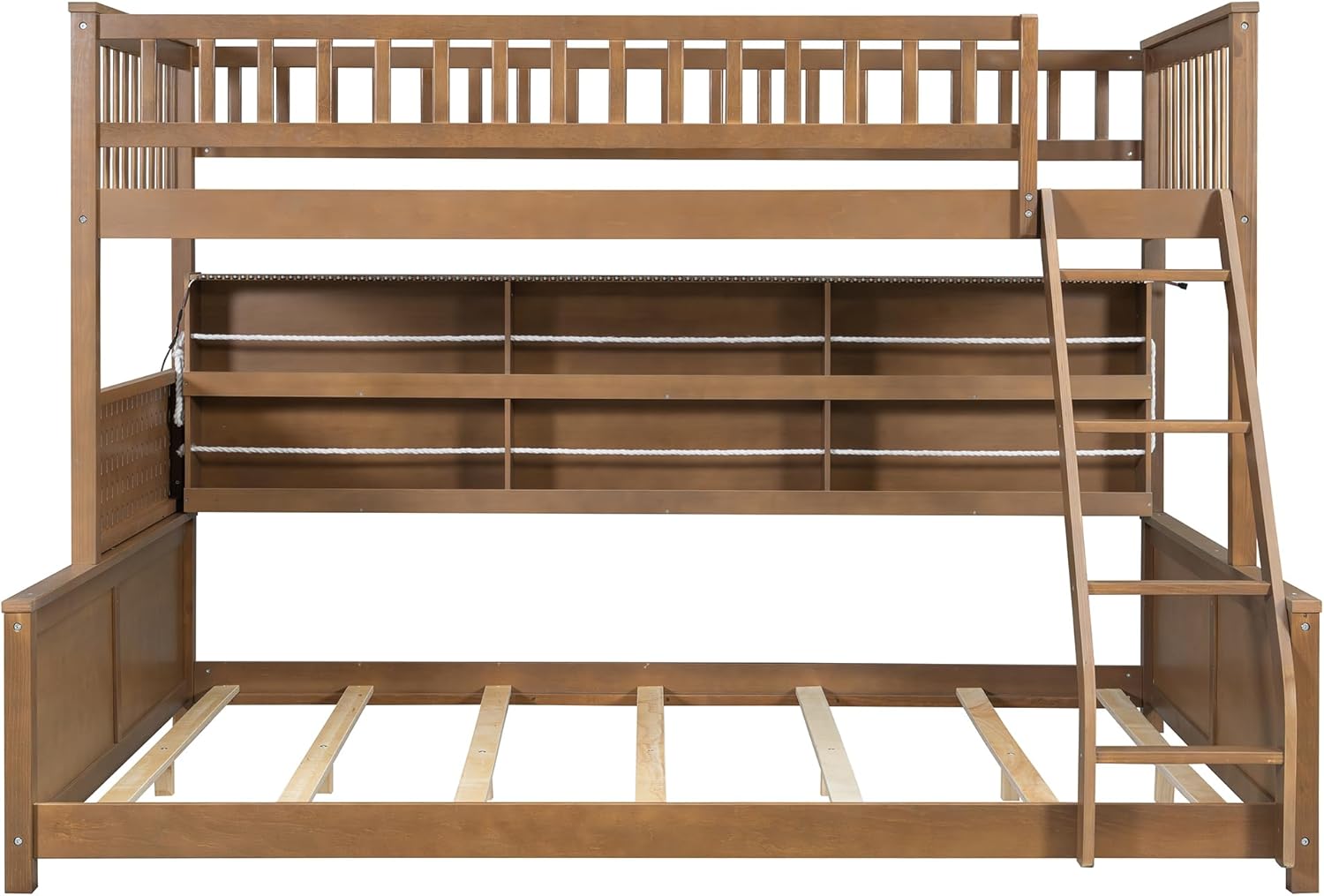 SOFTSEA Twin XL Over Queen Size Bunk Bed with Storage Shelves, Solid Wood Bunk Bed with LED and Pegboard, Convertible to 2 Separate Platform Beds, Brown