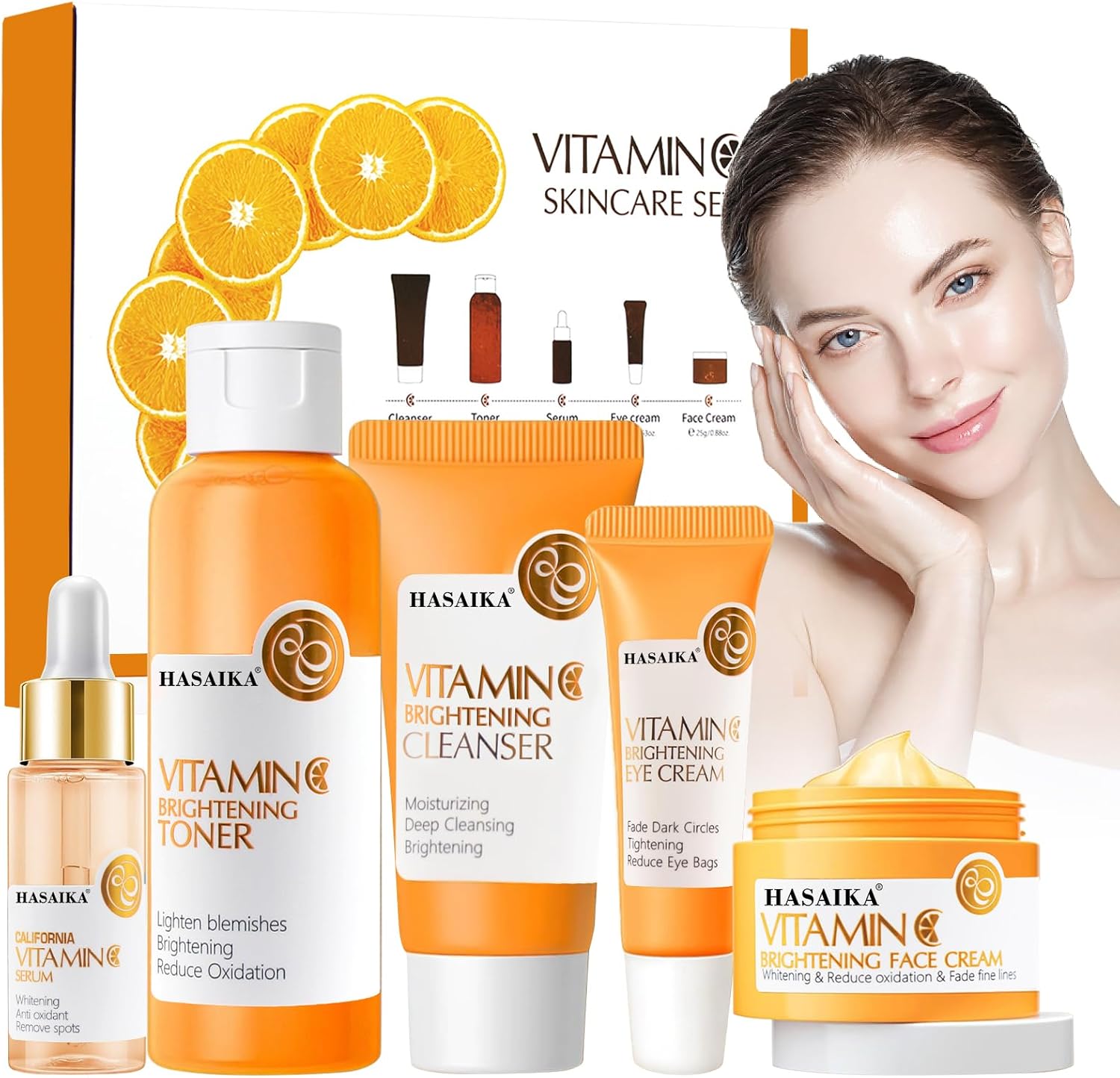 HASAIKA® Coffret de soins à la Vitamine C, Avec Sérum À La Vitamine C, Crème Hydratante à la Vitamine C, Ensemble Hydratant Apaisant pour e Visage Anti âge Rides Taches