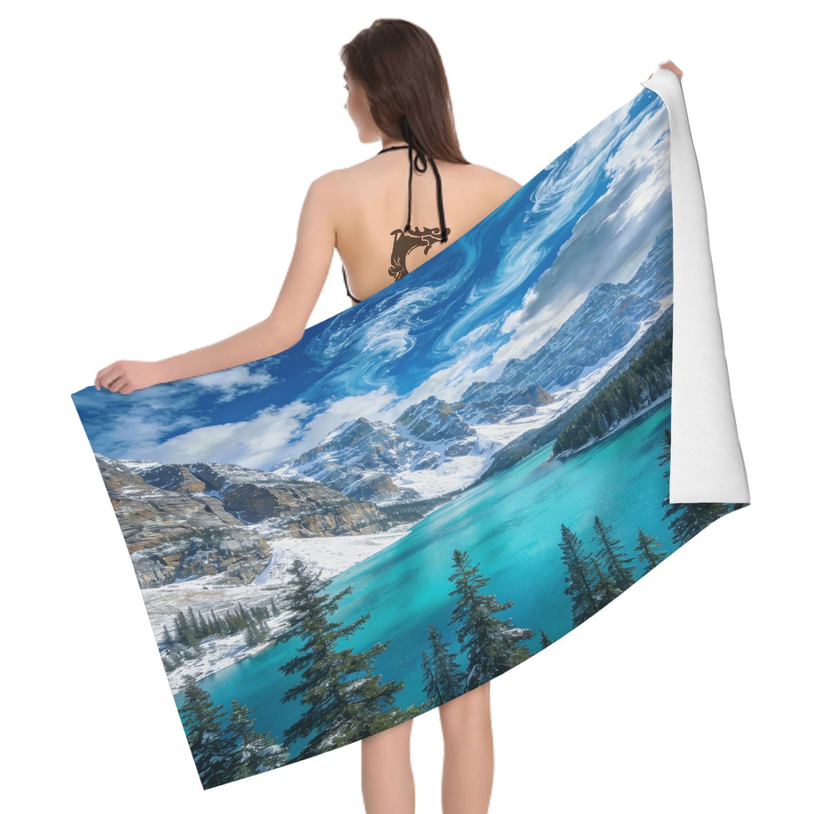 Leichong 3D Snow Mountain Lake Beach Towel Large Microfiber Soft Quick Dry for Adults, Natural Theme Bath Towel Lightweight Soft Absorbent for Travel Swimming Pool Sports, 80 x 160 cm