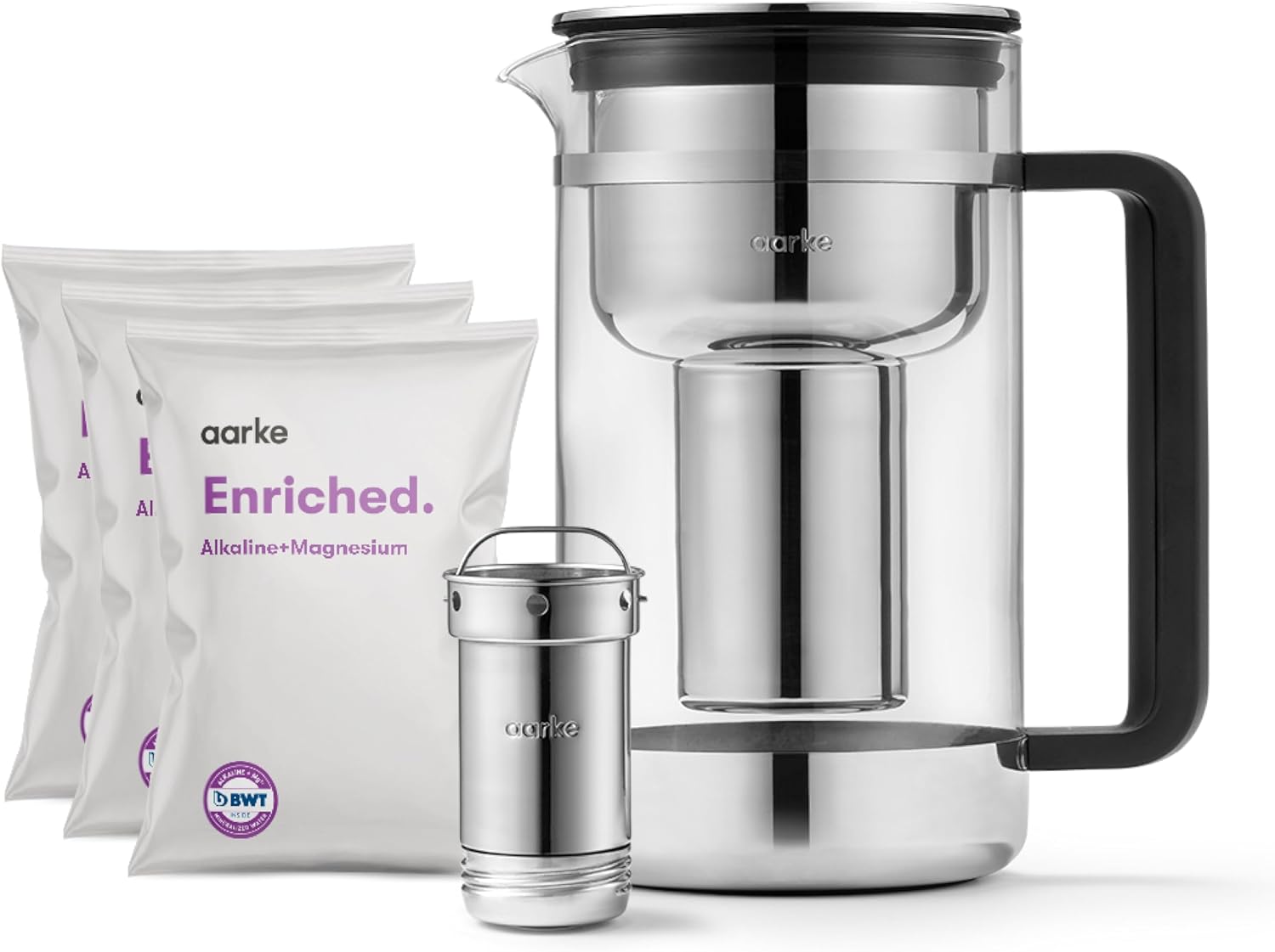 aarke Purifier Large – 1.66 L Glass Water Filter Pitcher Bundle, Refillable Stainless Steel Filter, BPA-Free, Includes (3-Pack) Refill Enriched Granules, Reduce Heavy Metals and Adds Minerals