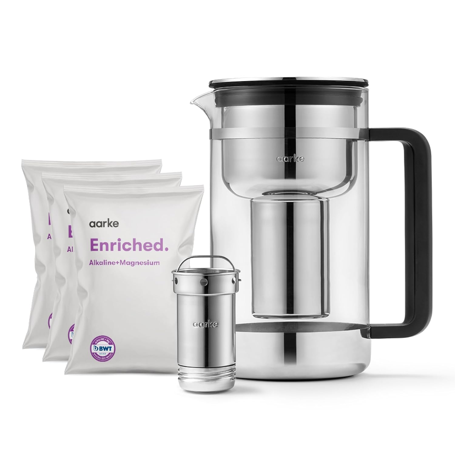 Aarke Purifier Large - 1.66 L Glass Water Filter Pitcher Bundle, Refillable Stainless Steel Filter, BPA-Free, Includes (3-Pack) Refill Enriched Granules, Reduce Heavy Metals and Adds Minerals