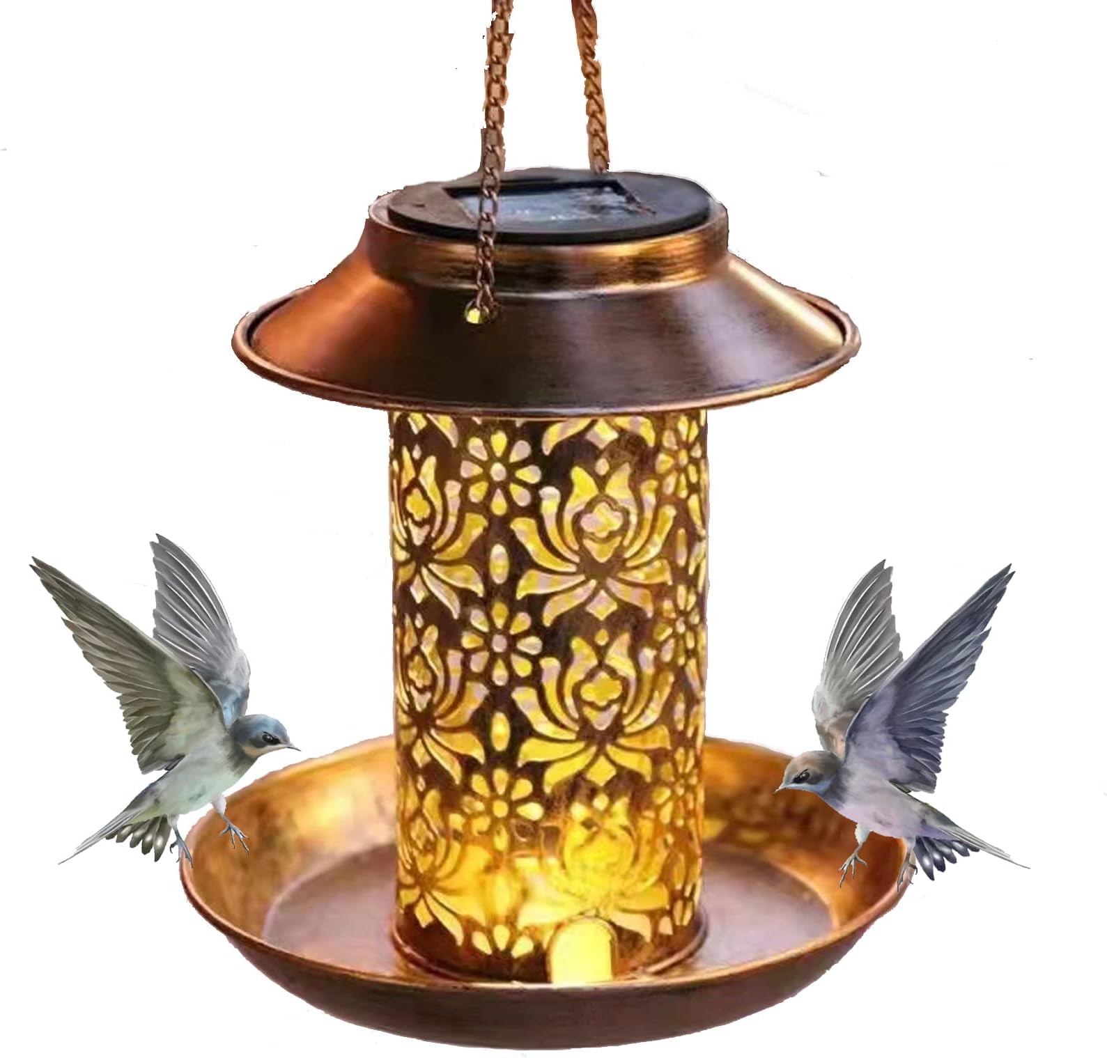 Solar Bird Feeder for Outdoors Hanging,Metal Waterproof Wild Bird Feeder with Light, Ideas Gift for Bird Lovers(Heavy Duty Weather Resistance birdfeeders)