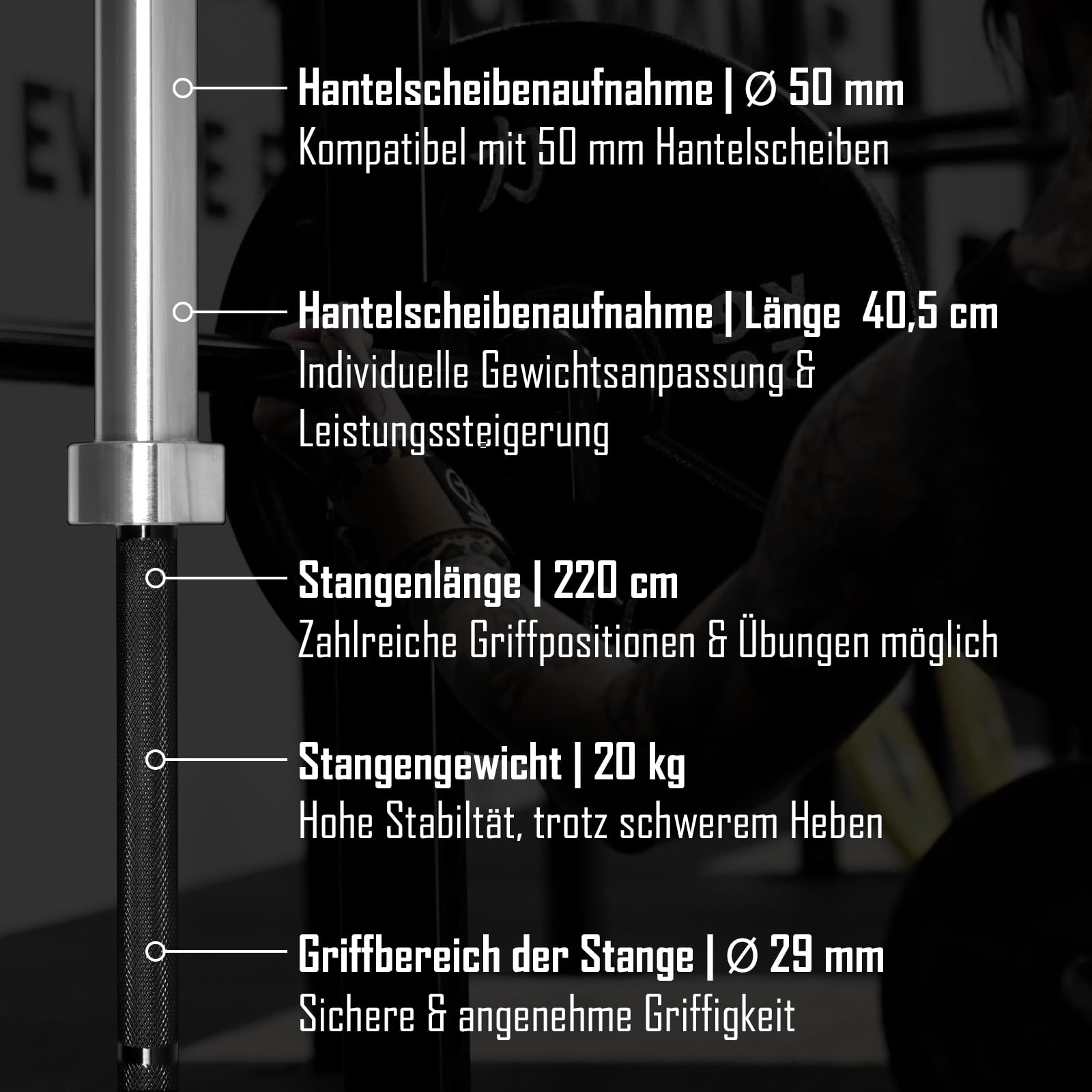 Strength Shop Olympia Langhantel 20kg, 220cm Länge & 29mm ⌀, Stahl Langhantelstange 50mm Scheibenaufnahme mit scharfer Rändelung, perfekt für Kniebeugen, Kreuzheben, & Co.