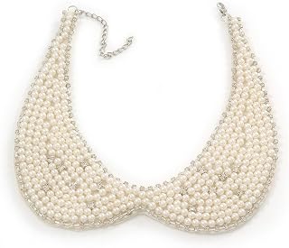 White Simulated Pearl Clear Crystal Felt Peter Pan Collar Necklace In Silver Plating - 28cm Length/ 7cm Extension