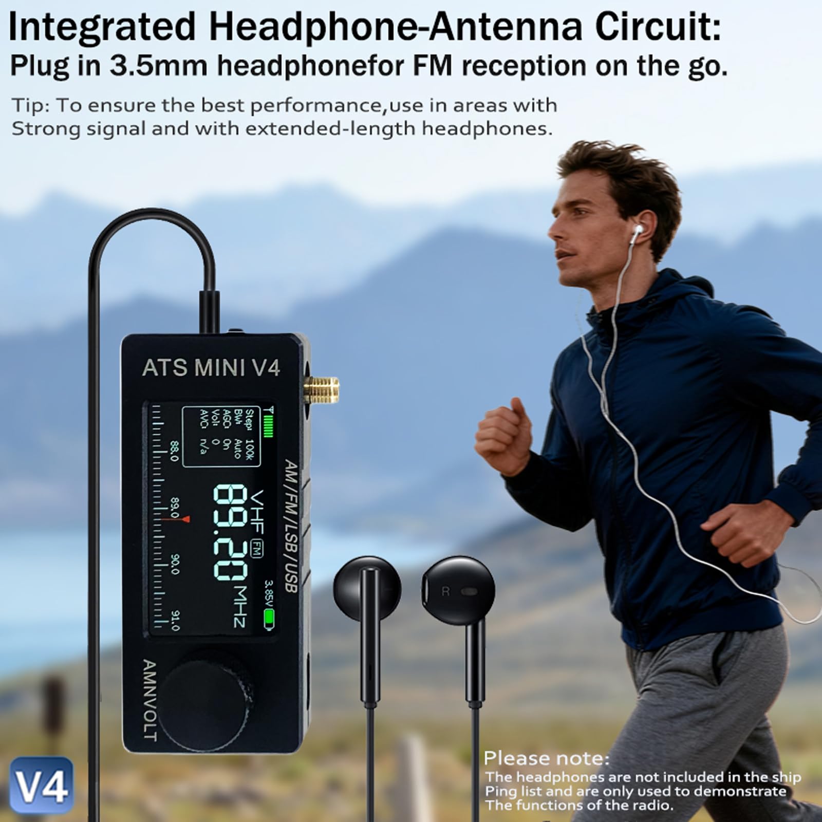 AMNVOLT V4 ATS MINI DSP Radio, Si4732 ESP32-S3 Full-Band Radio with Headphone Amplifier, 1.9" IPS Screen AM/FM/LSB/USB Receiver for Outdoor Adventures, Travel, and Daily Use - 2