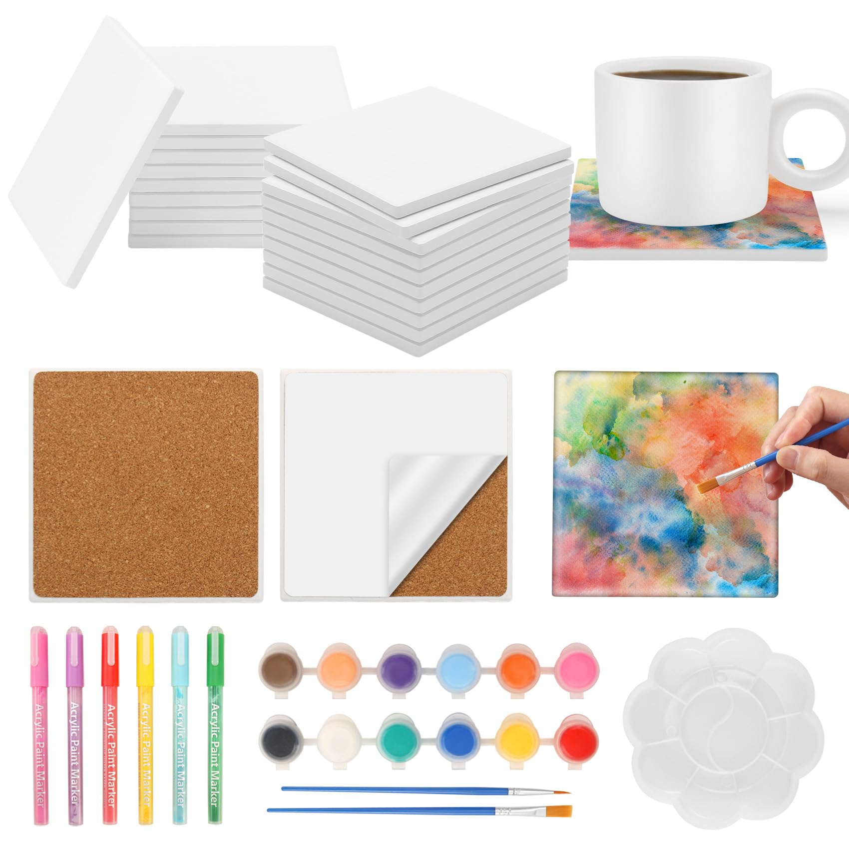 Povxlum Paint Your Own Coasters Coaster Tiles with Cork Sheet Pads DIY Painting, Mosaic Tile Work, Arts and Crafts or Sublimation Blanks 10.2 x 10.2 cm（Square）