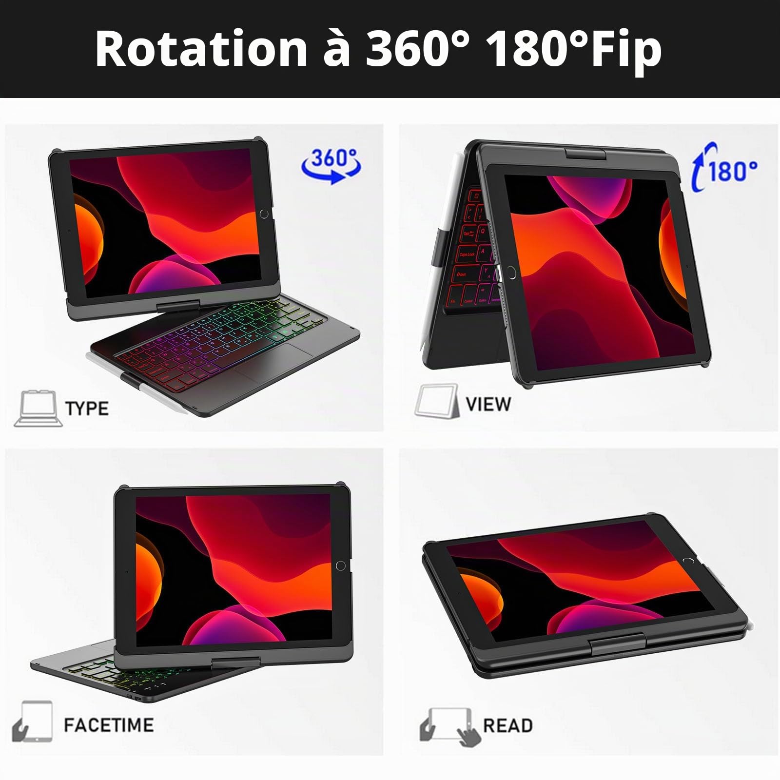 SZO Clavier Coque pour iPad 9/8/7ème Génération 10.2" 2021/2020/2019, 360° Touchpad Flip Coque Dure Slim Cover, 7 Rétroéclairages, Clavier Bluetooth avec Mise Veille/Réveil Automatique