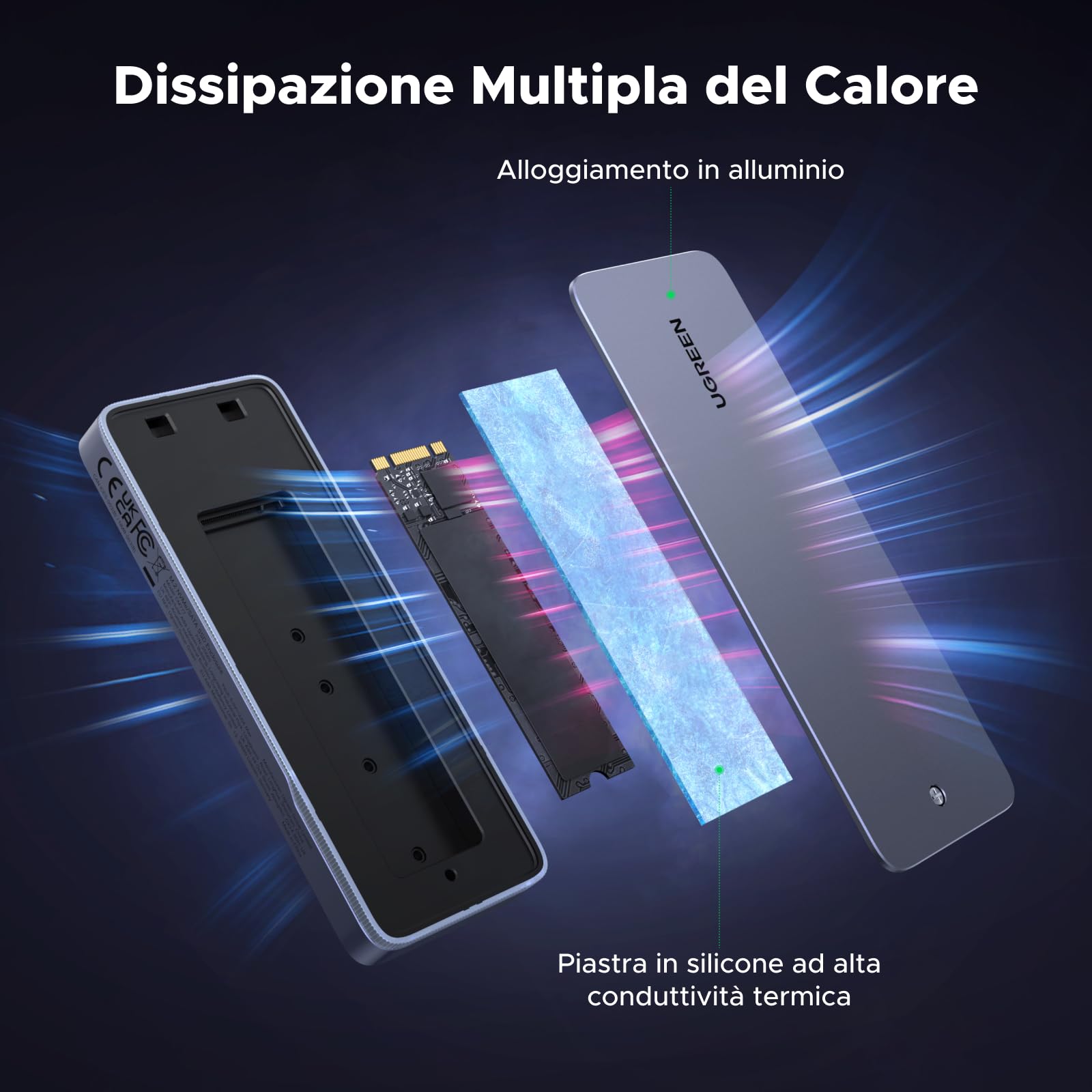 UGREEN Enclosure SSD M.2 NVMe SATA 20Gbps RGB, Case Esterno per Disco Rigido M.2 USB C 3.2 Gen 2x2 2230/2242/2260/2280 Compatibile con MacBook, HP 14pro, iPhone 16, PS5, Switch | USB C 3.2 Gen 2x2 M.2 Case per M Key/B+M Key in 2230/2242/2260/2280, compati
