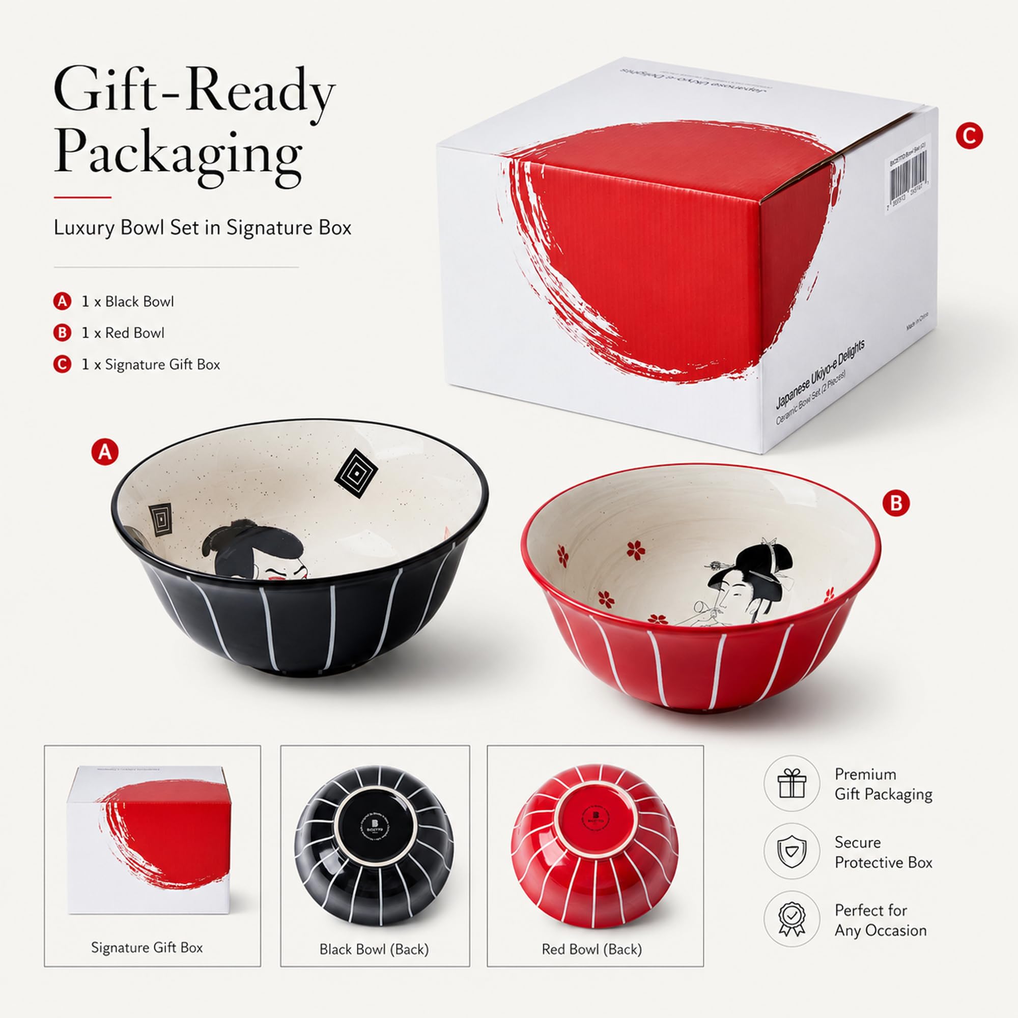 BICETTO Ramen Schüssel-Set, 2-teilig, Porzellanschalen, 1,3 l, Samurai