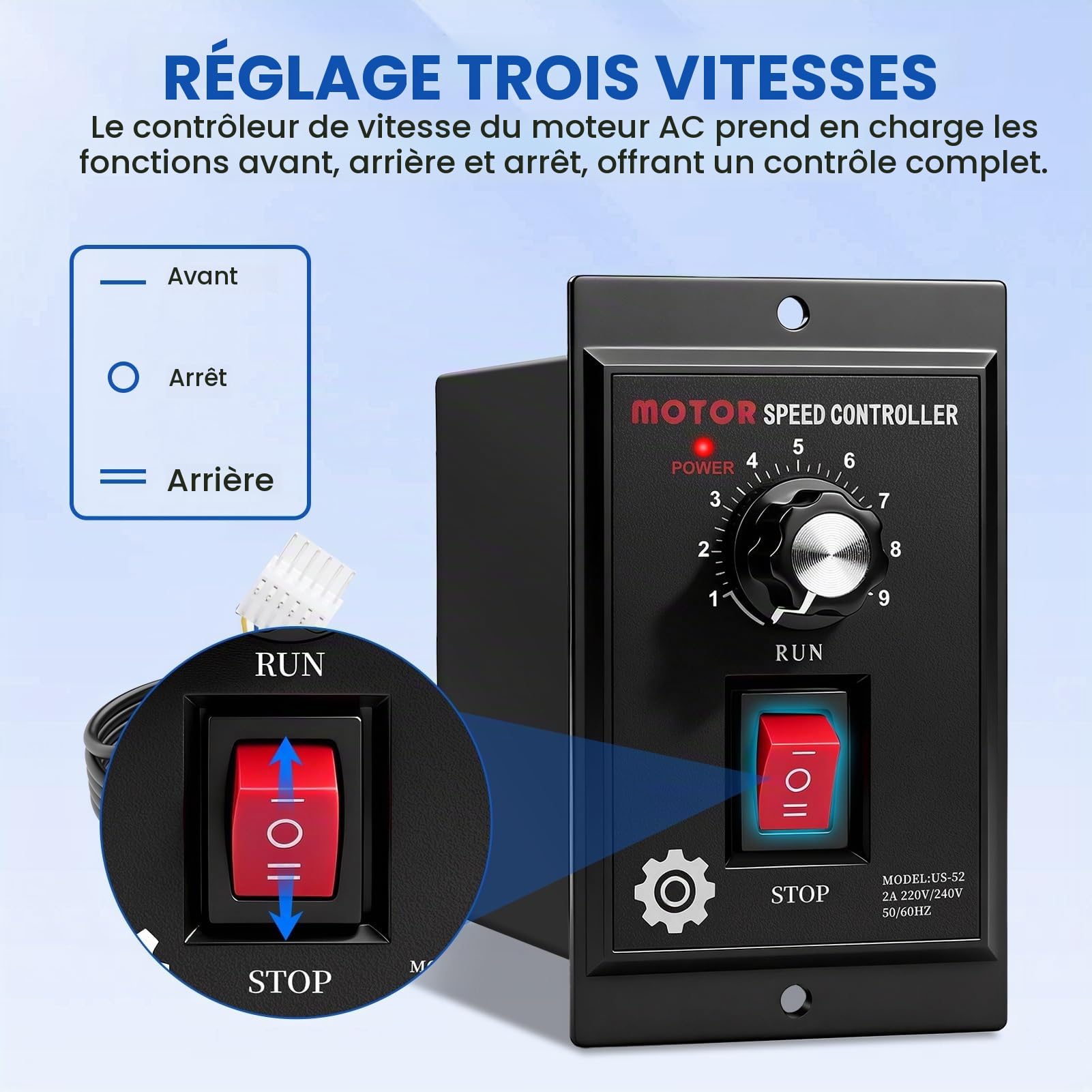 Variateur de Vitesse pour Moteur 220v 500W Régulateur de Vitesse du Moteur Monophasé Régulateur de Tension 220v Marche Avant/arrière Compatible avec les Moteurs des Séries YYDJ YCJT YYCJ et YCJFK