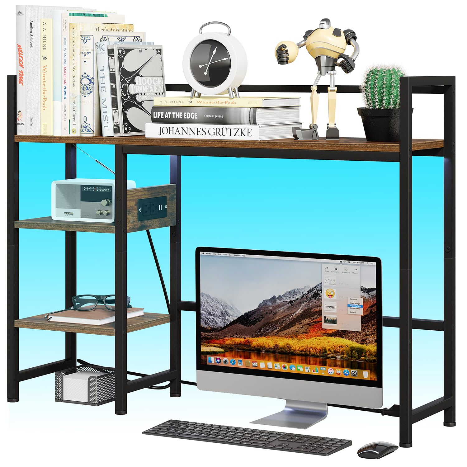 GTCJION Book Shelf with 3 Tier Open Shelf, Bookcase with Light Strip and Outlet, Bookshelf & Desk Shelfs for Computer Desks, Desk Hutch Bookshelfs for