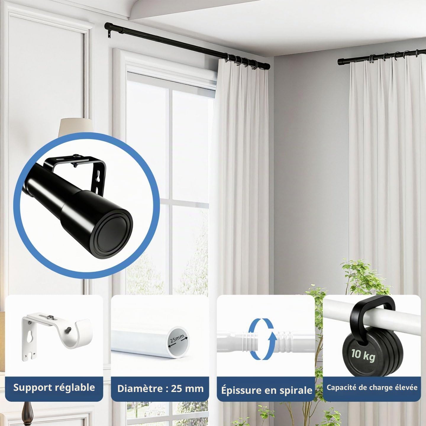 Tringle Rideau Tringle à Rideaux Tringle a Rideaux Réglable Avec Embout Cylindrique 25 Mm De Diamètre Pour Chambre à Coucher Salon Cuisine Blanc 109-435Cm