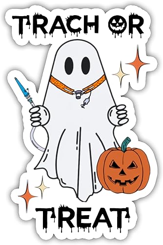 Milleyz Trach or Treat - Adhesivo para enfermera, terapeuta respiratorio, Halloween, fantasma, adhesivo de vinilo troquelado para asistente de agua,