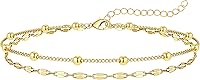 14K Gold Plated Waterproof Ankle Bracelets for Women - Layered Cuban Figaro Chain Boho Beach Anklets Set, Adjustable Size