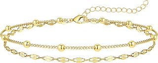 14K Gold Plated Waterproof Ankle Bracelets for Women - Layered Cuban Figaro Chain Boho Beach Anklets Set, Adjustable Size