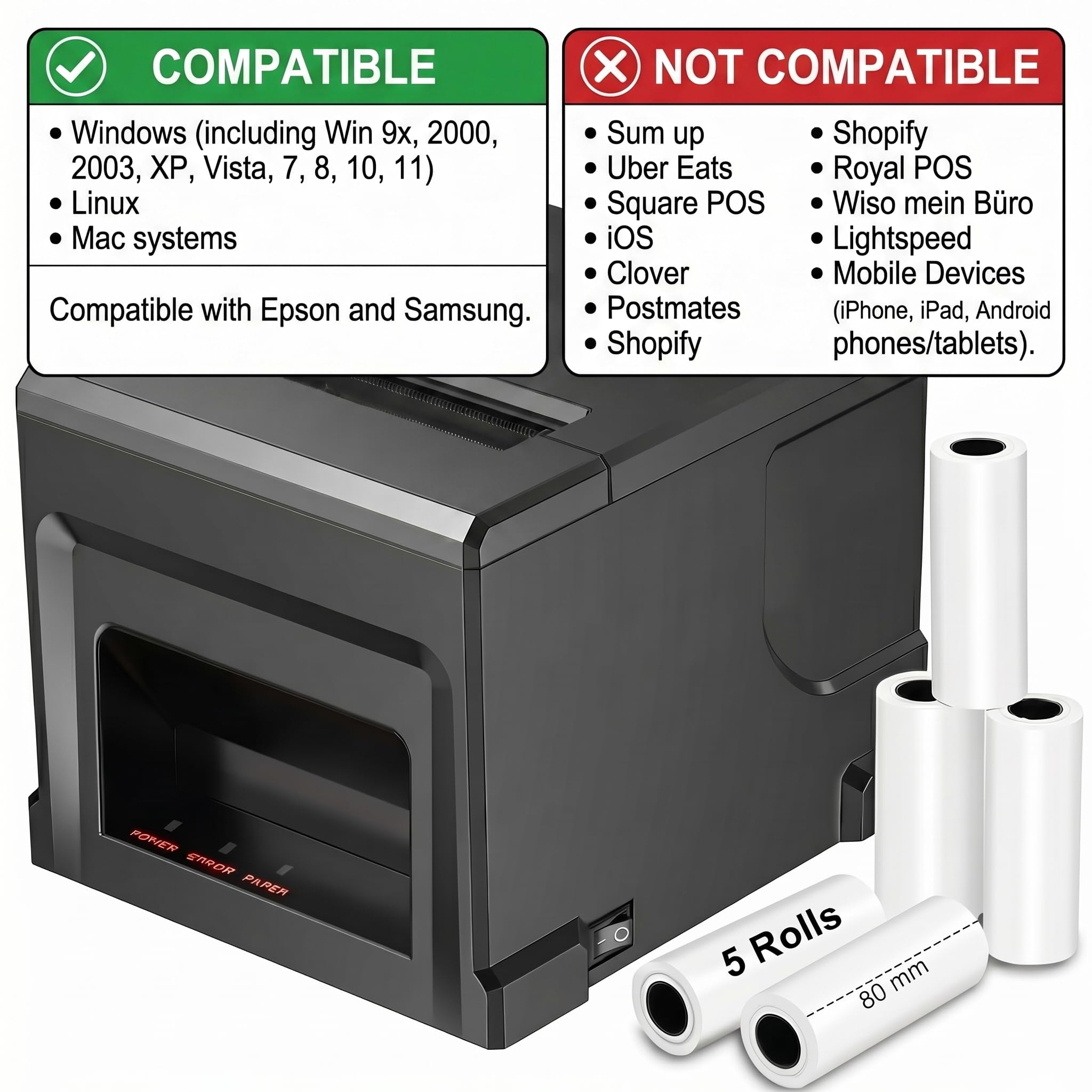 80mm POS Quittungsdrucker mit Auto-Cutter, 300mm/s USB Thermo Bondrucker, für Restaurant & Küche mit Lautsprecher-Signal, ESC/POS kompatibel (Windows/Mac/Linux)