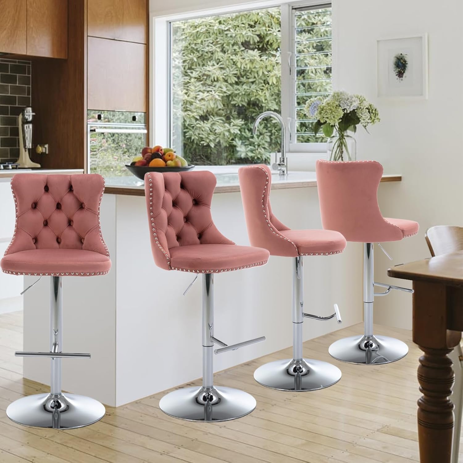33” Velvet Swivel Bar Stools Set of 4 with Back, Adjustable Height Upholstered Modern Bar Chairs with Silver Leg for Kitchen Island, Bar, Dining Room(Pink&Silver Leg)