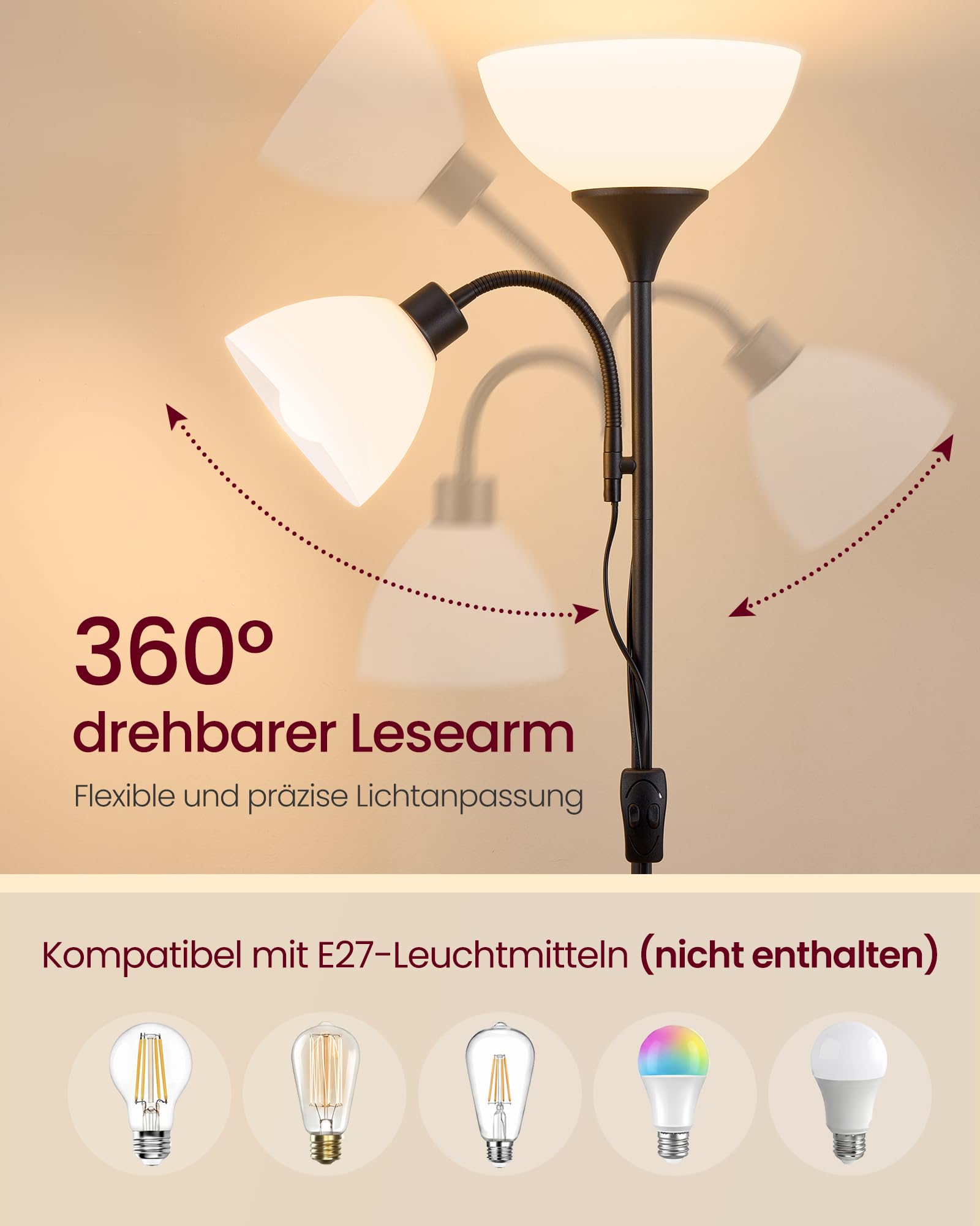 VASAGLE Deckenfluter mit Leselampe, Stehlampe 176 cm Standleuchte für E27 LED-Leuchtmittel geeignet mit verstellbarem Lesearm, Stehleuchte für Wohnzimmer, schlafzimmer, Büro, Mattschwarz, LFL019B102