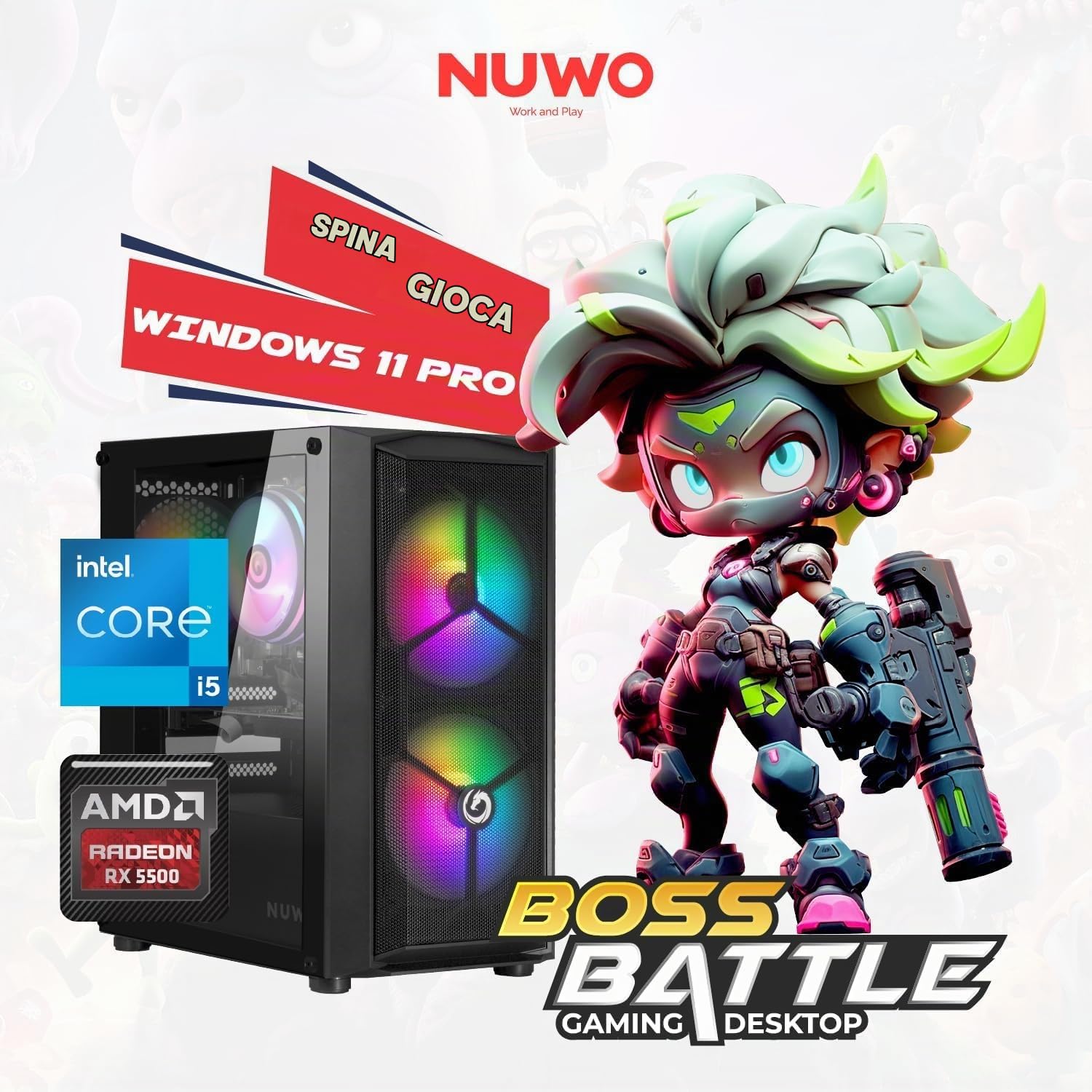 Nuwo PC Gaming Fisso Completo Preassemblato | Core i5 fino a 3.8GHz | RX 5500 8GB | 16GB RAM | SSD 1TB | Monitor 23.8" Full HD | Tastiera e Mouse Gaming Inclusi | Win 11 Pro | Boss Battle Setup