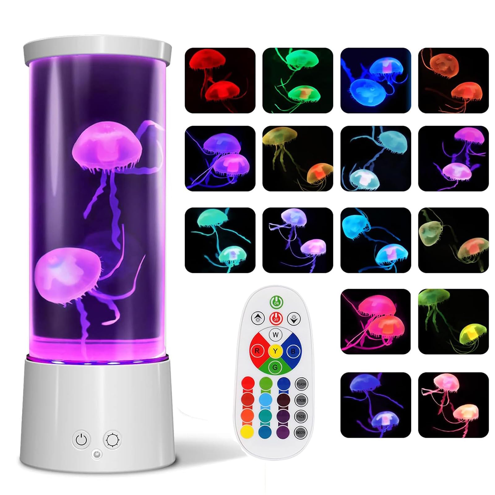 Lampara Medusa Lampara de Lava Acuario Luz de Noche Control Remoto Luz Ambiente con 17 Lampara Led Colores, Medusas Artificiales Acuario USB Lámpara de Mesa por Oficina en Casa Decoración,Blanco