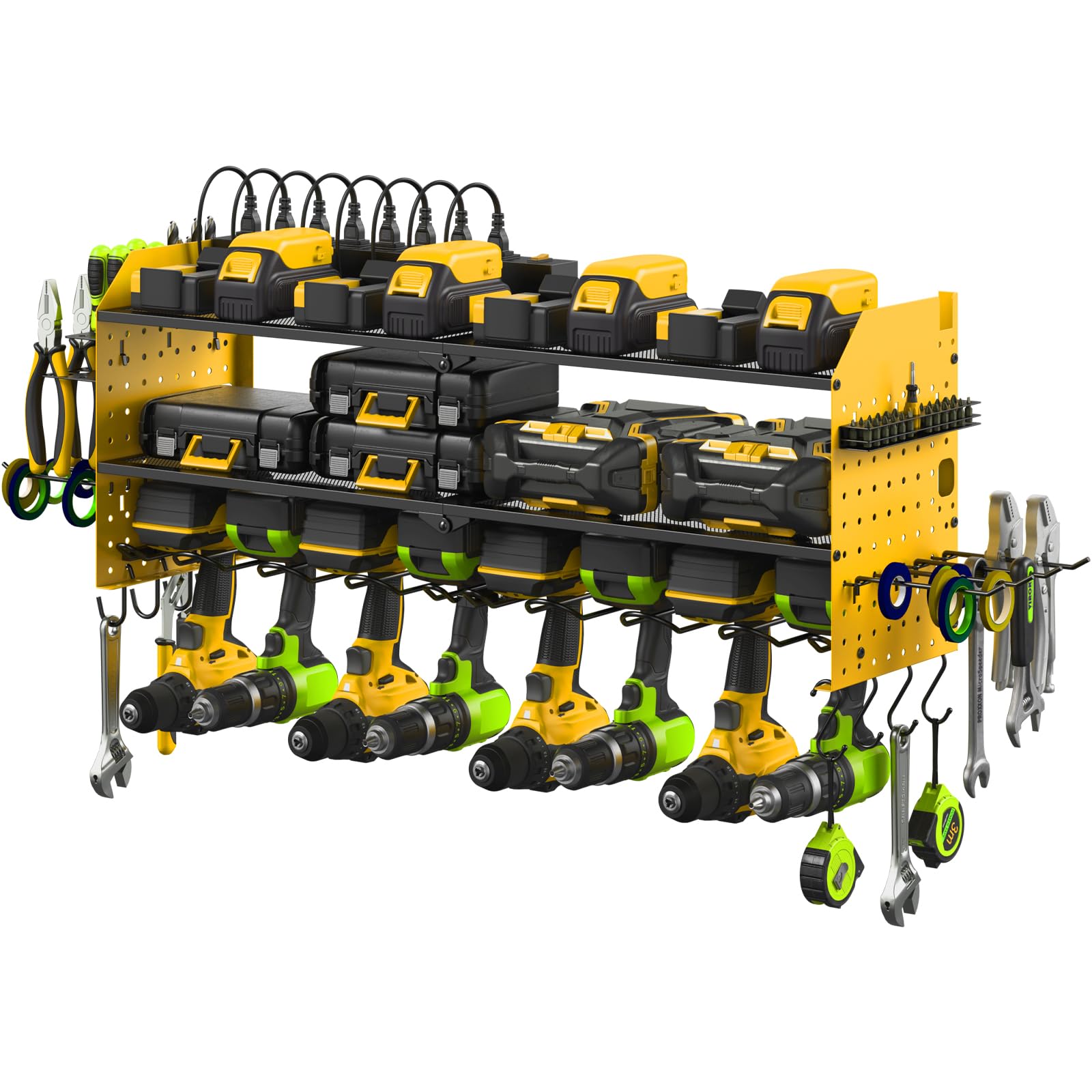 JUNNUJ Large Pegboard Power Tool Organizer with Charging Station, 8 Drills Driver and Tools Battery Holder Wall Mount with 8 Outlet Power Strip, Yellow 3-Layer Shop Garage Storage Utility Rack