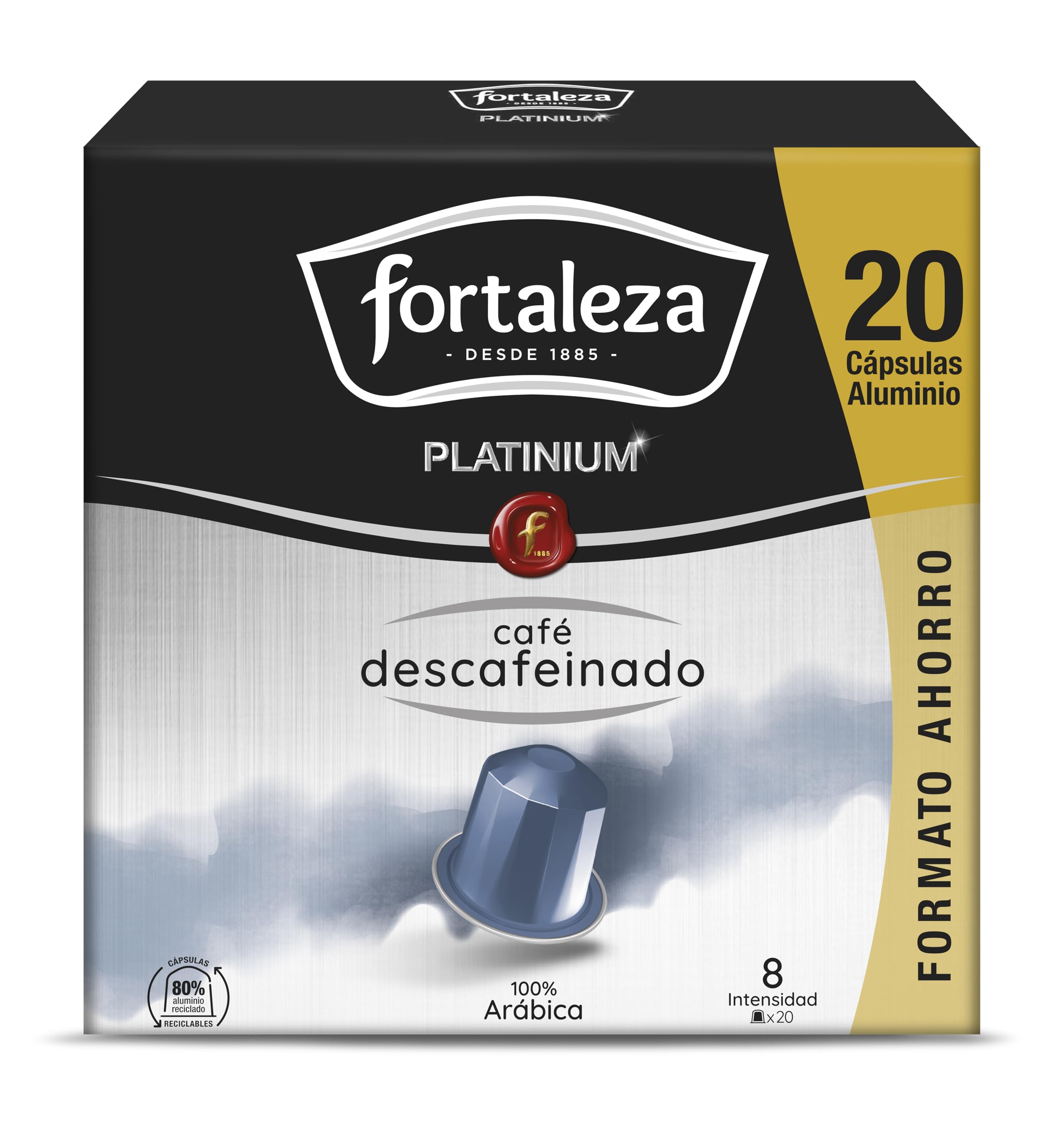 Café Fortaleza Platinium - Cápsulas Compatibles con Nespresso, de Aluminio, Descafeinado, 100% Arábica, Tueste Natural, Pack 8x20 - Total 160 uds