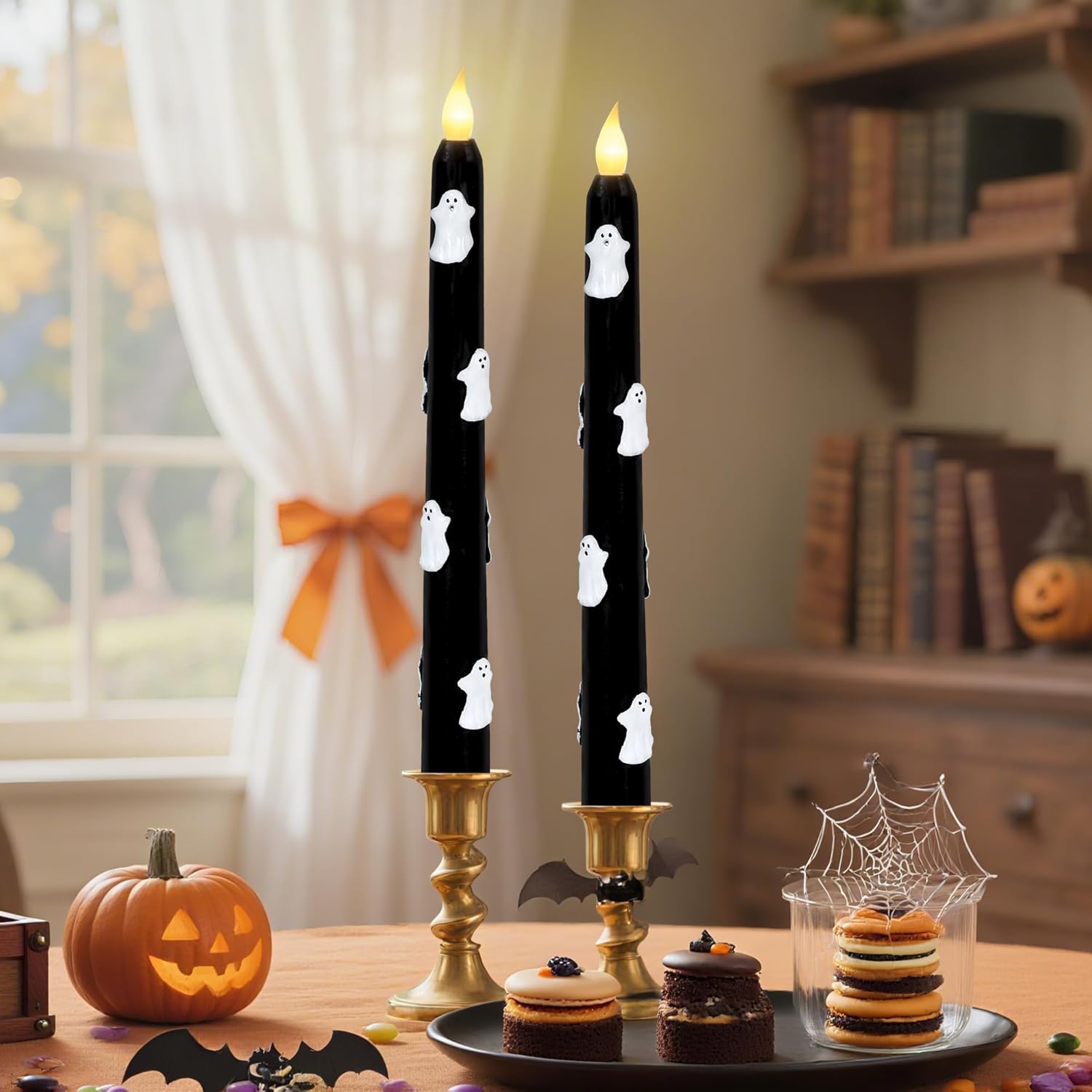 Impress Life Halloween Flameless Taper Candles with Remote Battery Operate Black Wax LED Flickering Candlesticks with Carved White Ghosts for Halloween Spooky Horror Decor, Set of 2