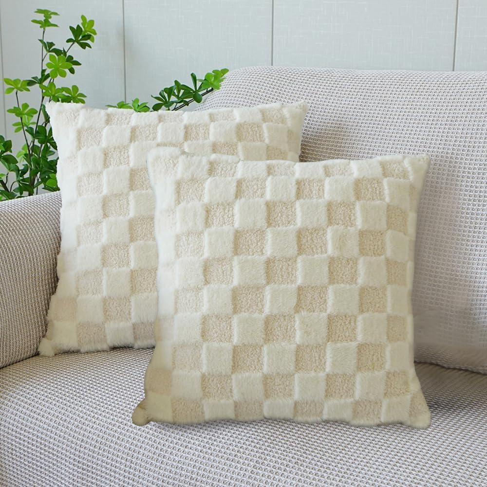 Pack of 2 Checkered Decorative Throw Pillow Covers 18x18 Square Soft Faux Fur Plush Pillow Covers for Couch Christmas Ivory-Z x2