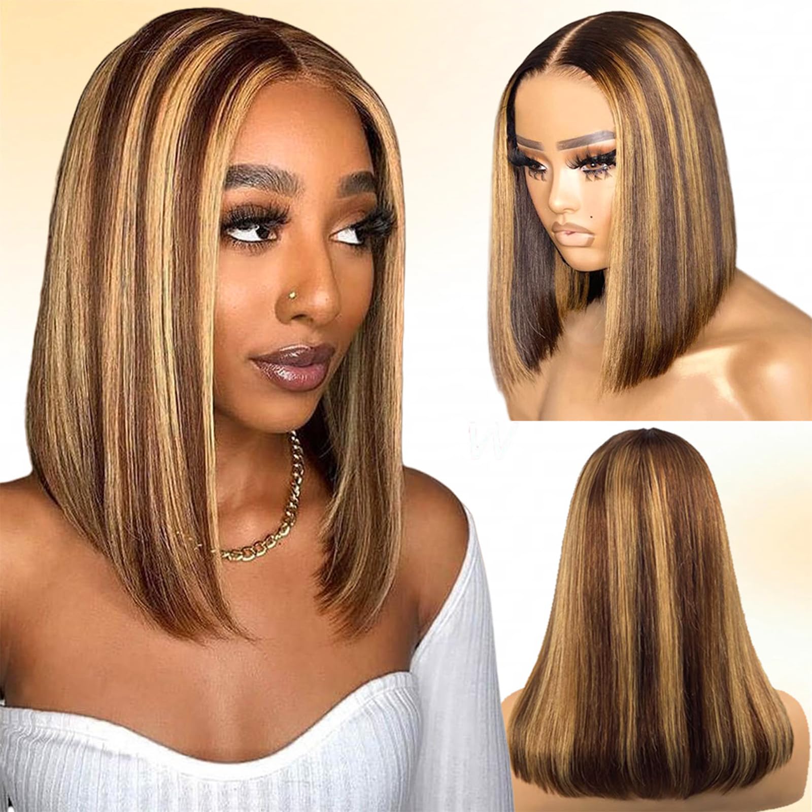 Peluca Bob con reflejos de cabello humano predepeilada 13x4 ombré rubio miel HD encaje frontal, pelucas Bob para mujeres negras 4/27 sin pegamento, peluca Bob ombré de rubio a castaño, lista para usar