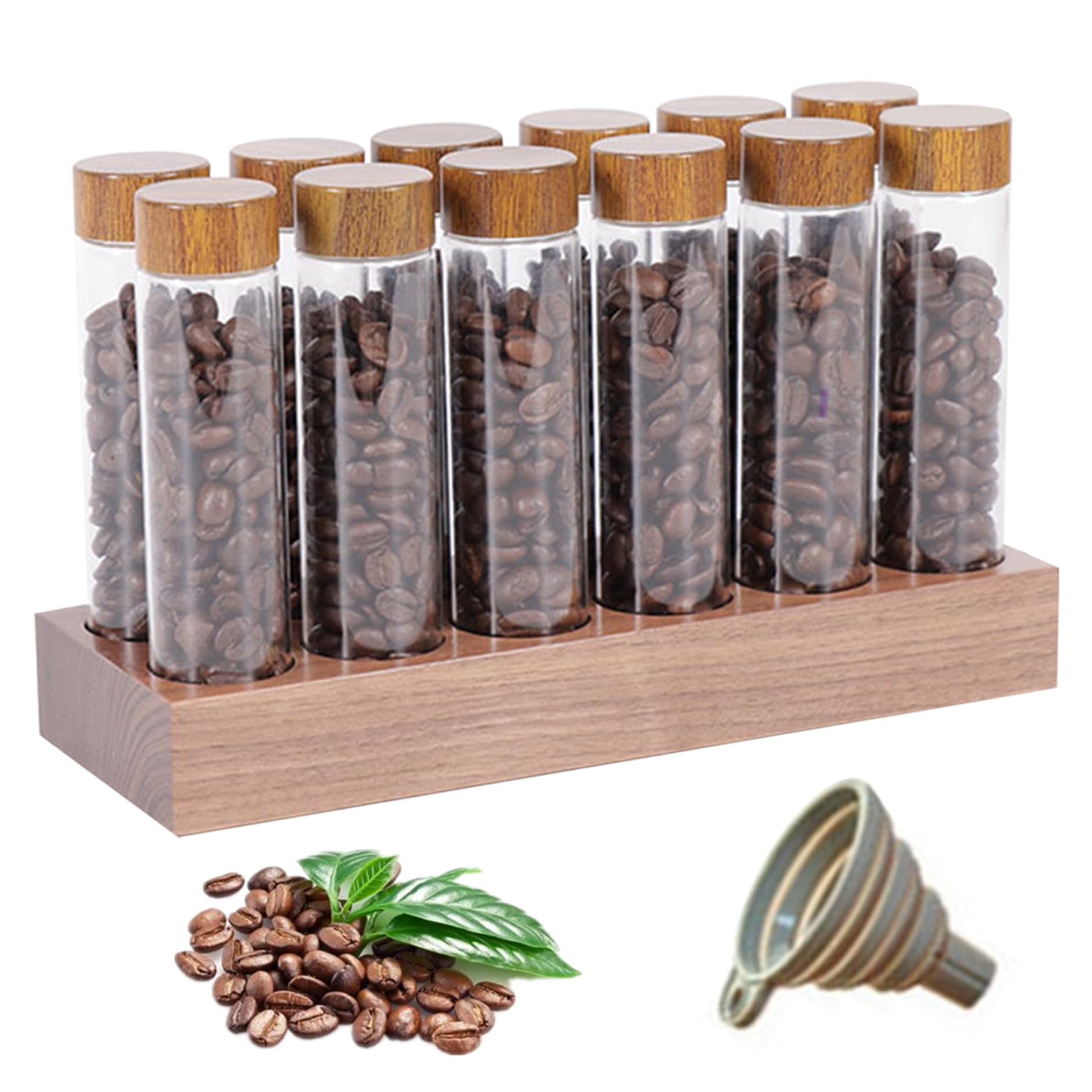 Almacenamiento de grano de café en viales de vidrio herméticos y base de madera