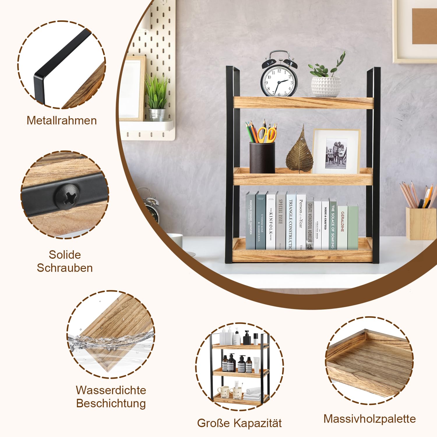 3 Ebenen Standregal Badezimmer Organizer, Feuchtigkeitsgeschützt Holzregal Badezimmer Braun Regal Holz mit Metallgestell, Multifunktionales Gewürzregal, Schreibtisch-Organizer für Küche