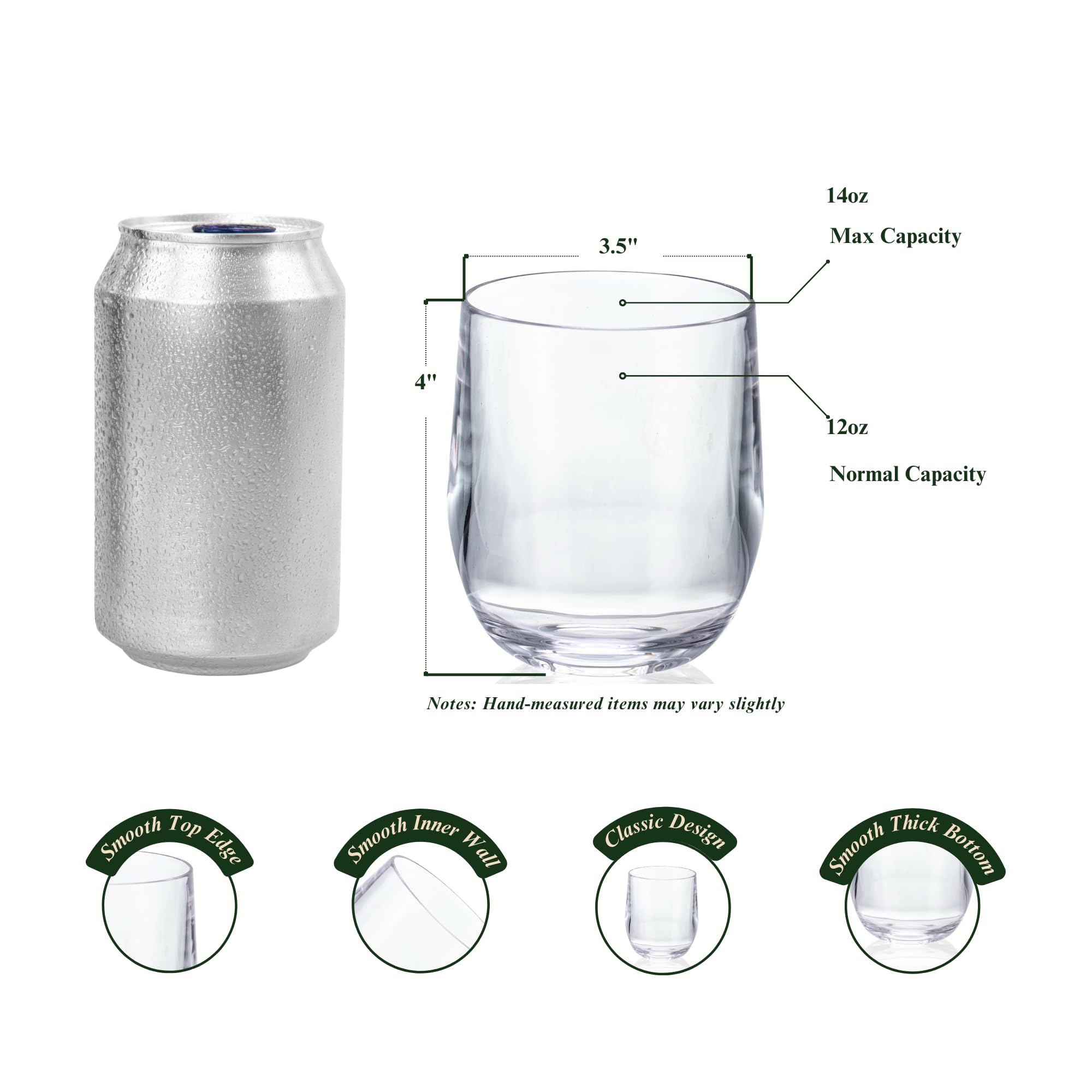 Vasos de vino transparentes gruesos sin tallo de 14 onzas (juego de 6), vasos acrílicos a prueba de roturas, vasos de barra de plástico reutilizables, sin BPA, aptos para lavavajillas