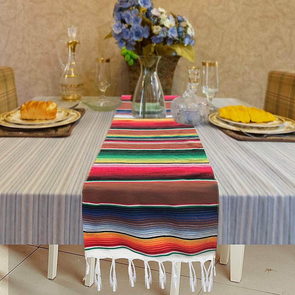 MINILIFE 2 Pack 14 x 84 Inch Mexican Table Runner, Mexican Party Wedding Decorations, Fringe Cotton Serape Blanket Table Runner