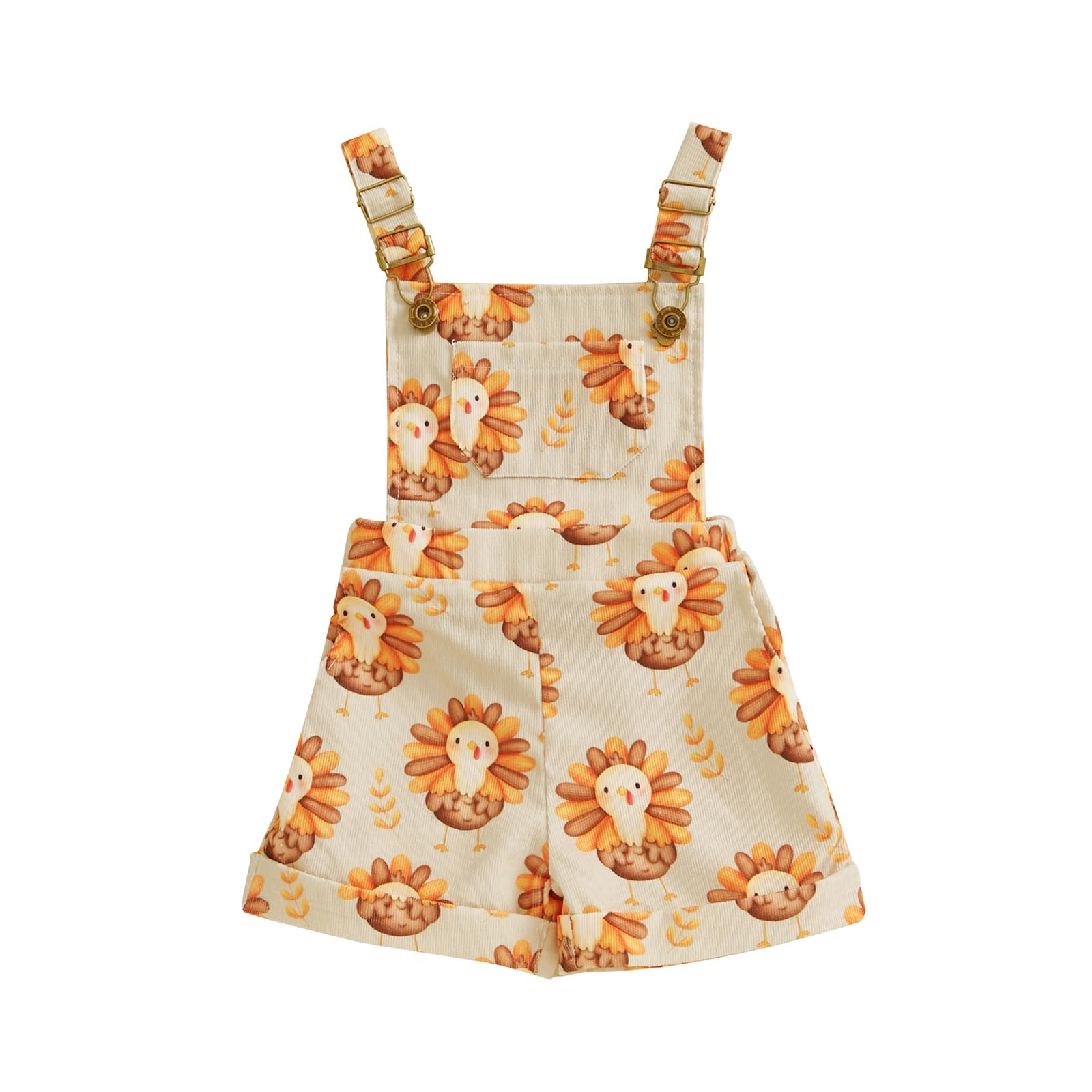 KMBANGI Toddler Baby Girl Thanksgiving Overalls Turkey Embroidery Corduroy Suspender Shorts One Piece Jumpsuit Fall Outfit (Apricot, 18-24 Months)